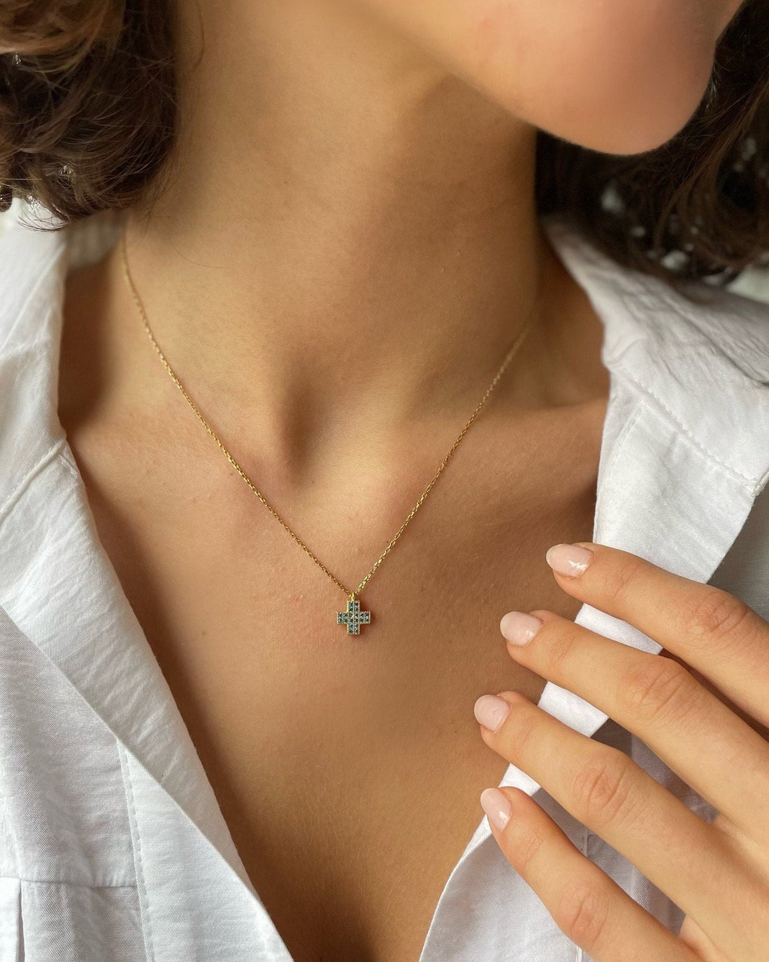 Sparkling Blue Cross Necklace - Sterling Silver