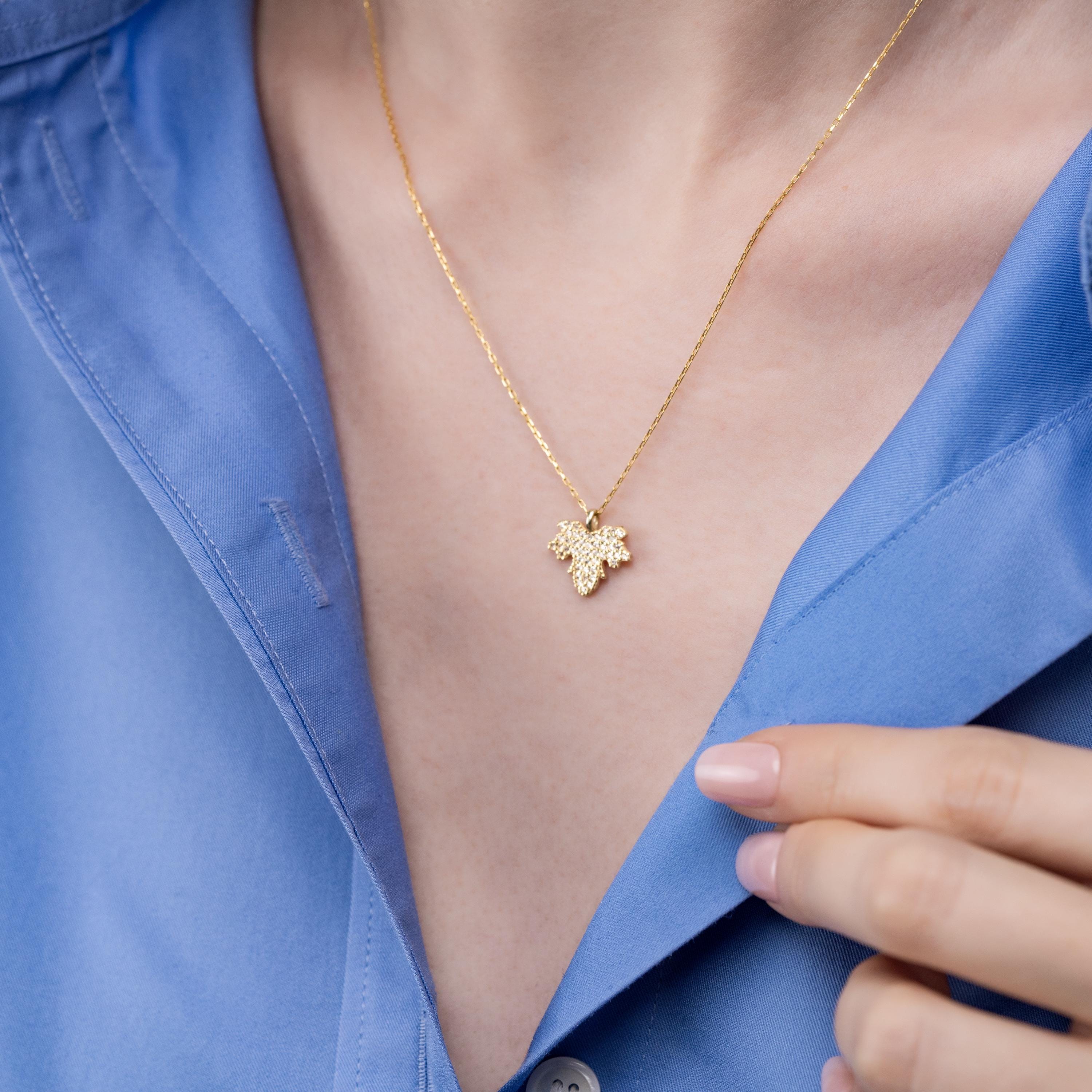 Maple Leaf CZ Pendant Necklace - Sterling Silver