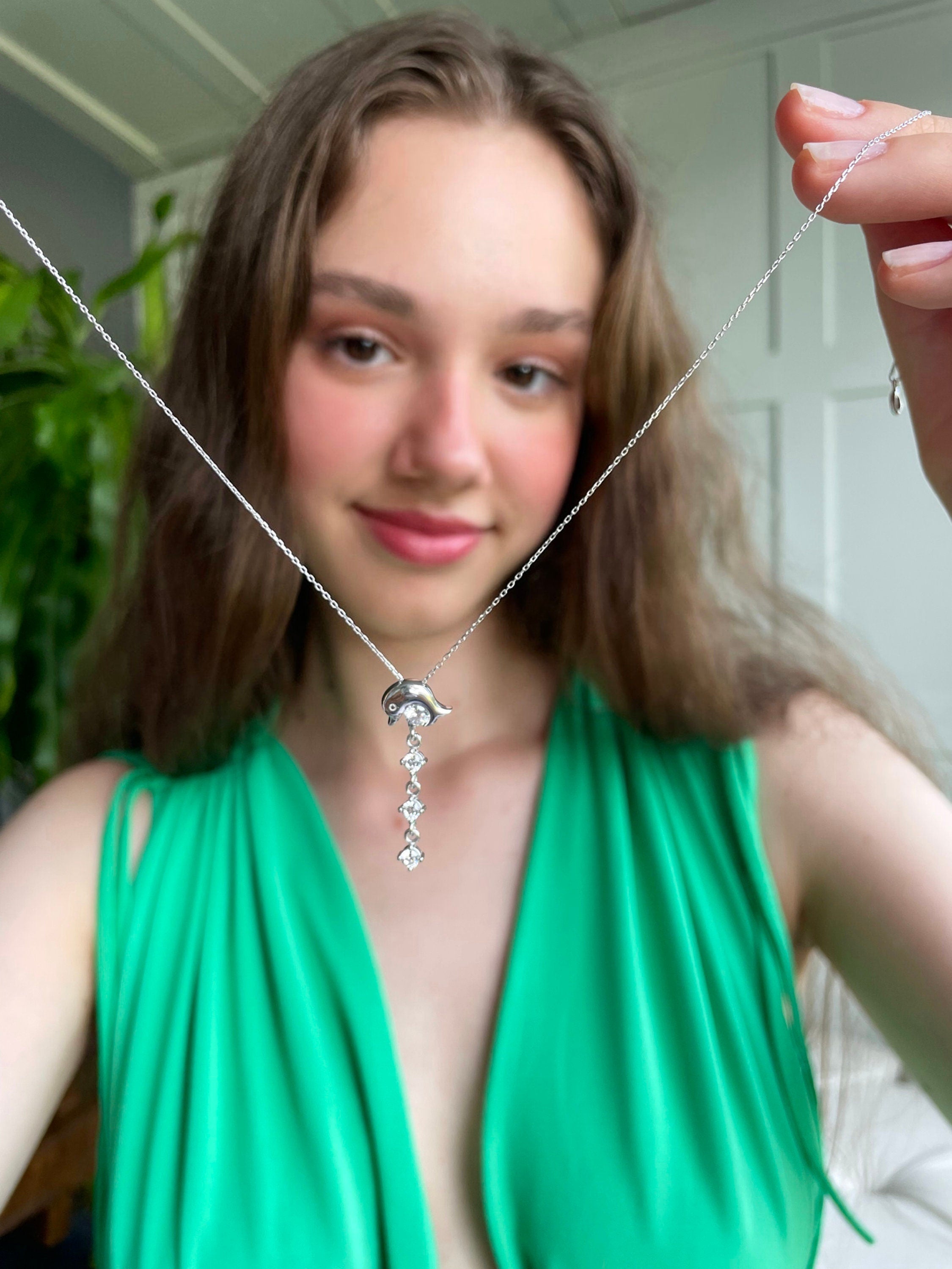 Dangling Cz Dolphin Necklace - Sterling Silver