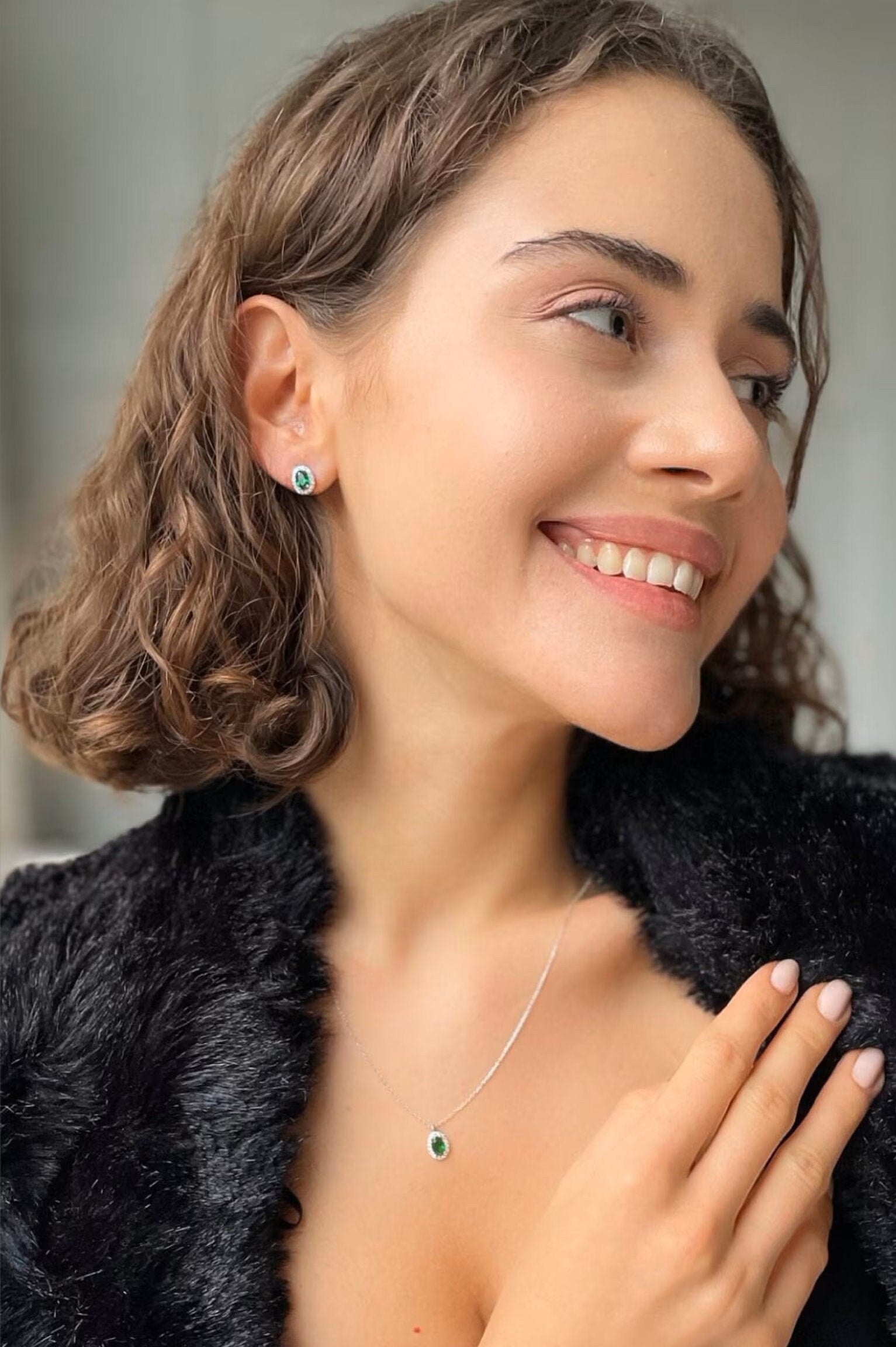 Emerald Green Halo CZ Necklace - Sterling Silver