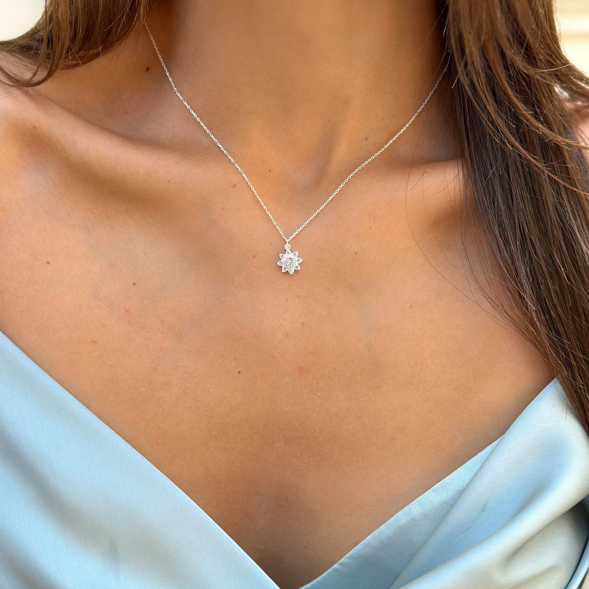 Floral Design Pendant CZ Flower Necklace - Sterling Silver