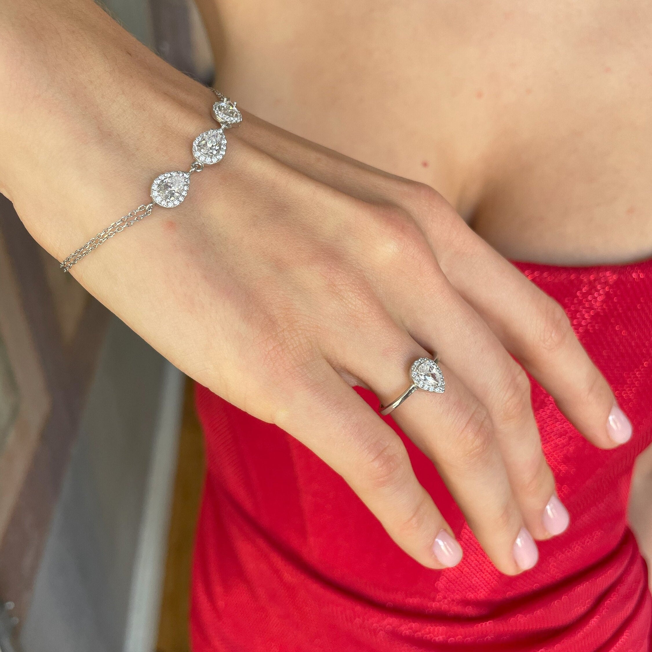 Teardrop CZ Ring & Bracelet Set - Sterling Silver
