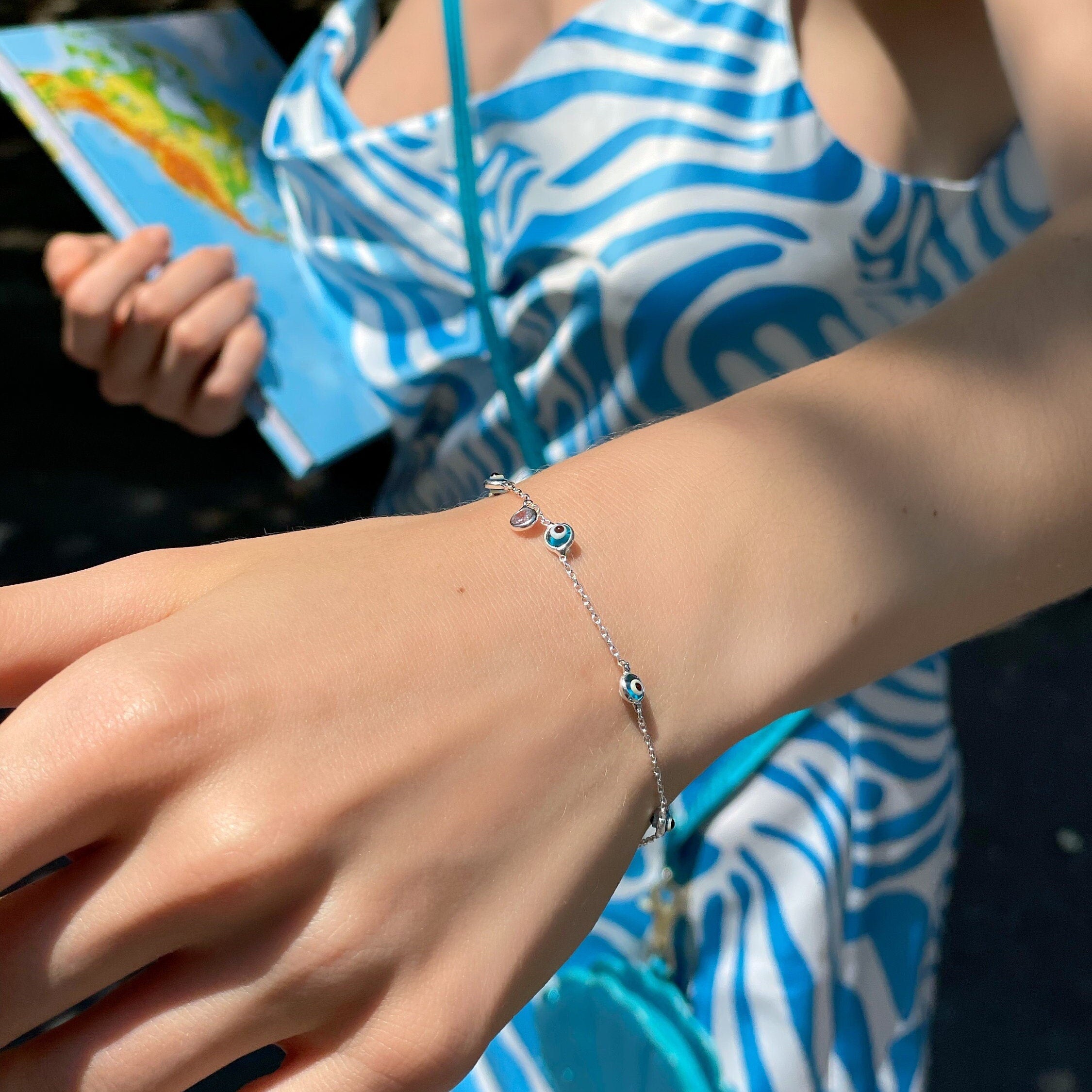 Blue Evil Eye Bead Bracelet - Sterling Silver