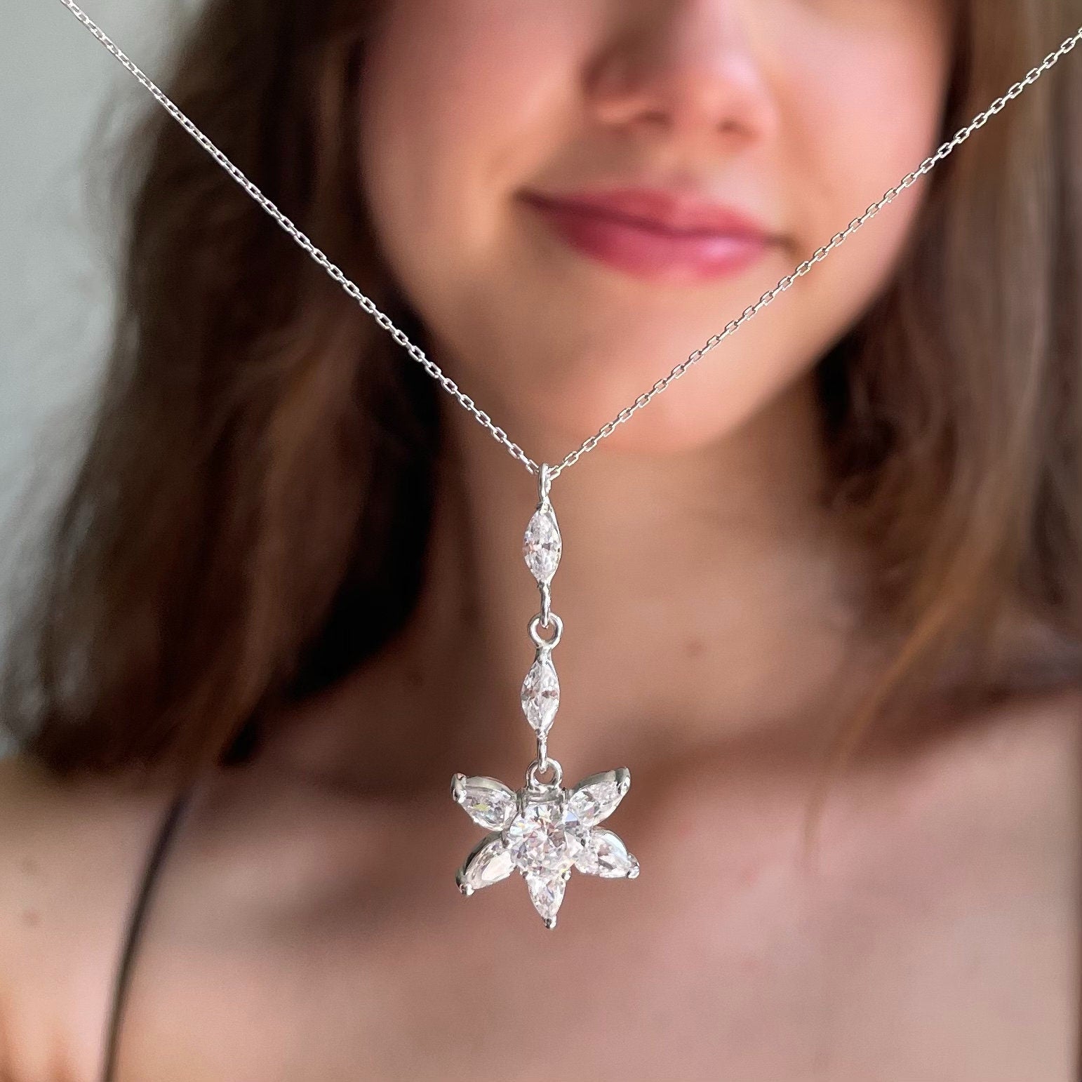 Charming Cz Flower Necklace - Sterling Silver