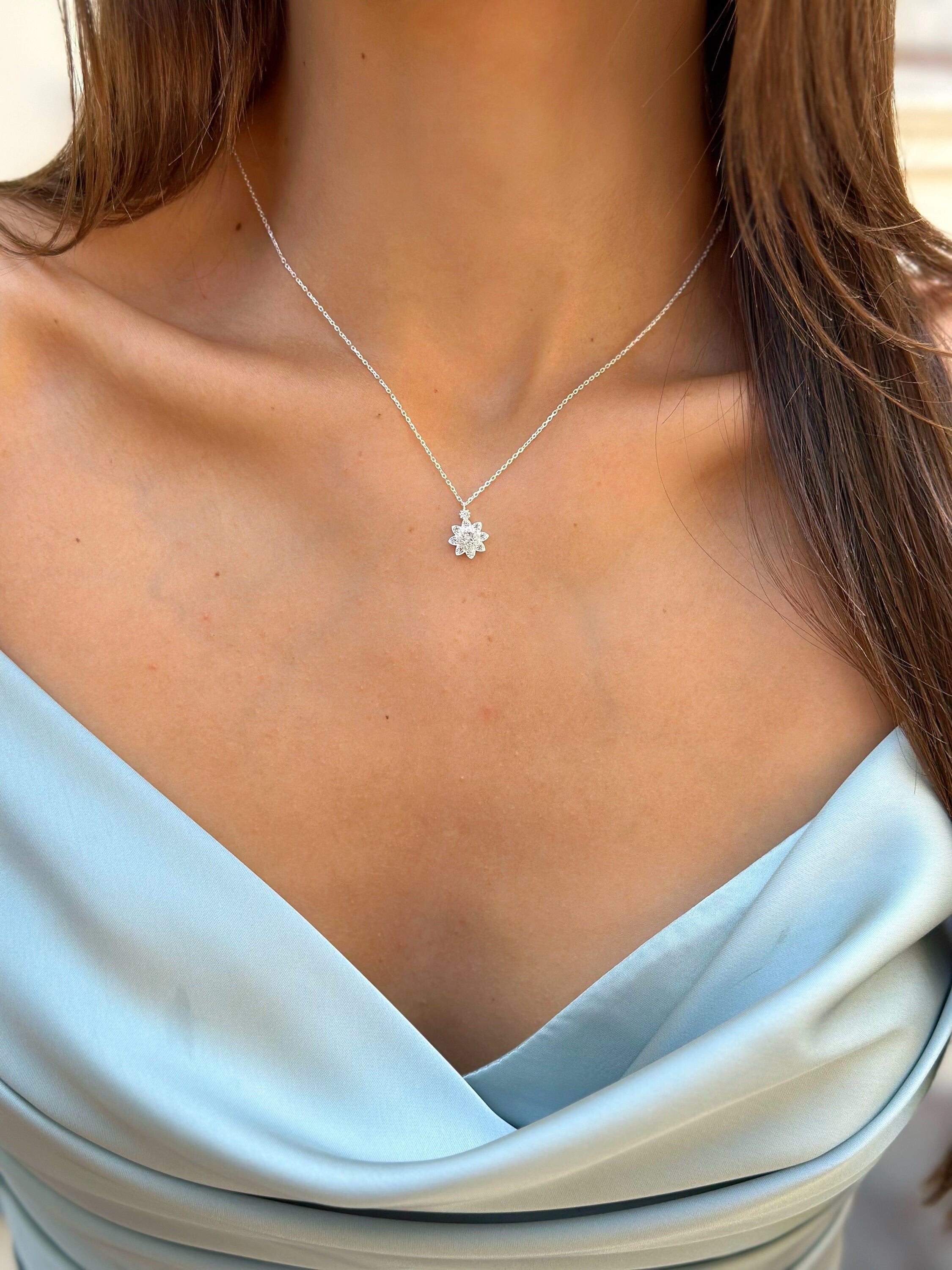 Floral Design Pendant CZ Flower Necklace - Sterling Silver