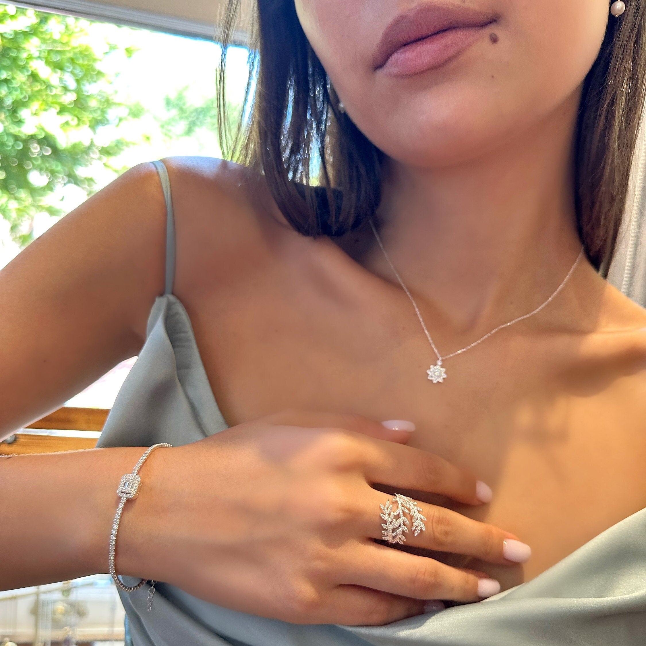 Floral Design Pendant CZ Flower Necklace - Sterling Silver