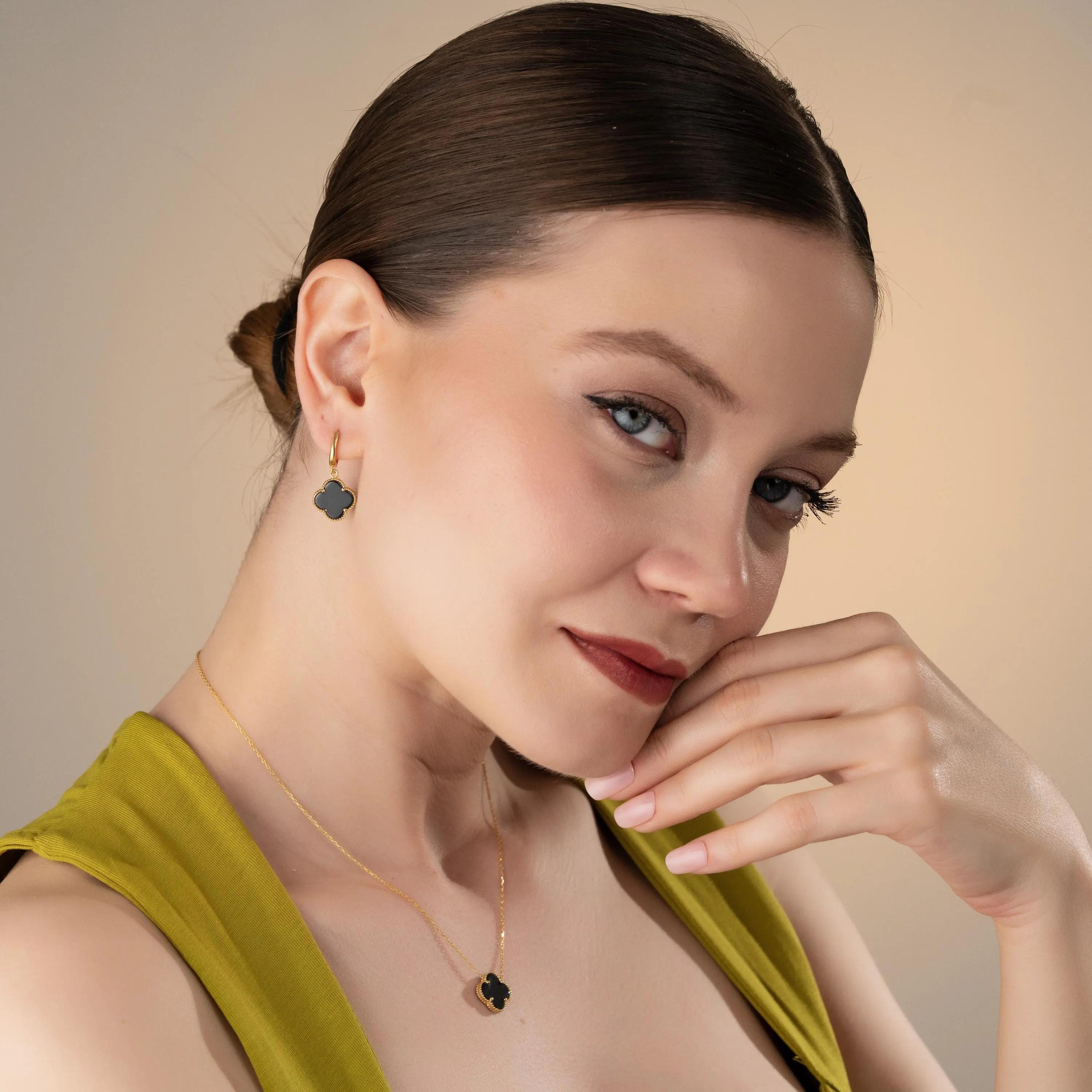 Black Clover Necklace & Earrings Set - Sterling Silver