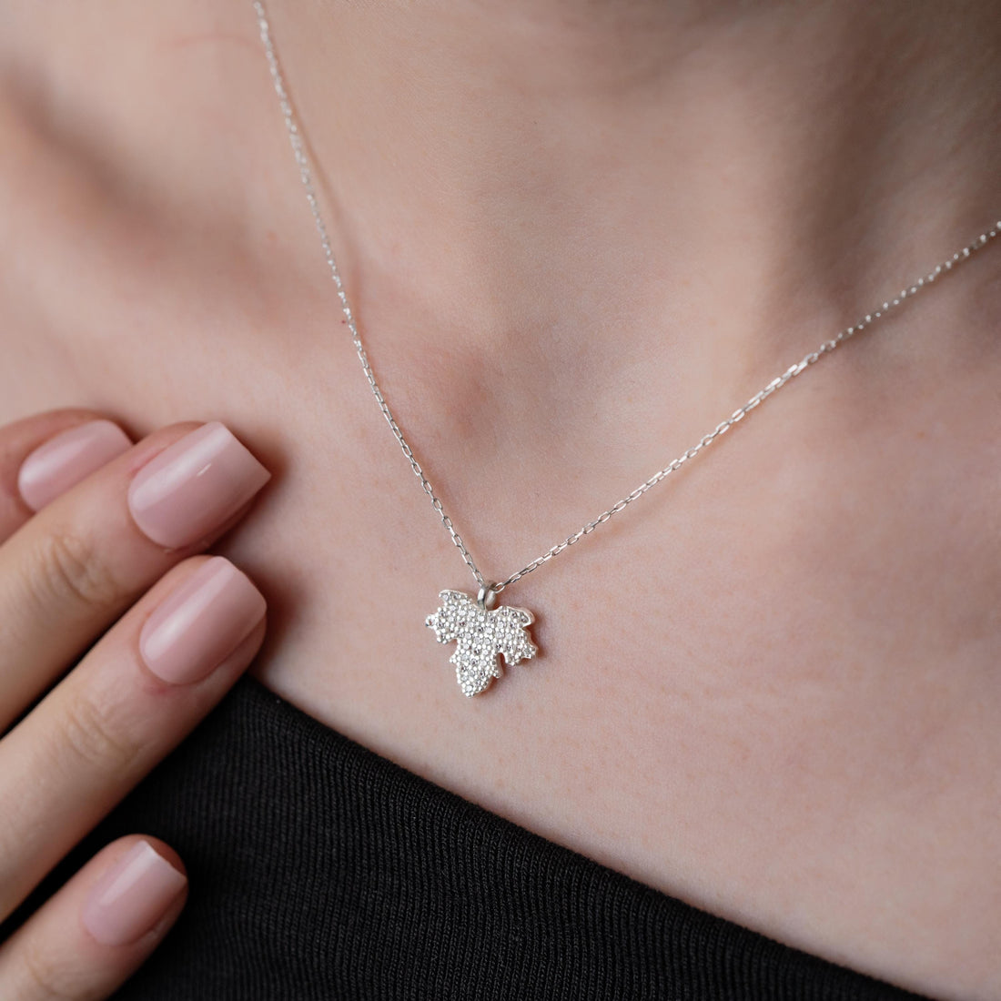Maple Leaf CZ Pendant Necklace - Sterling Silver