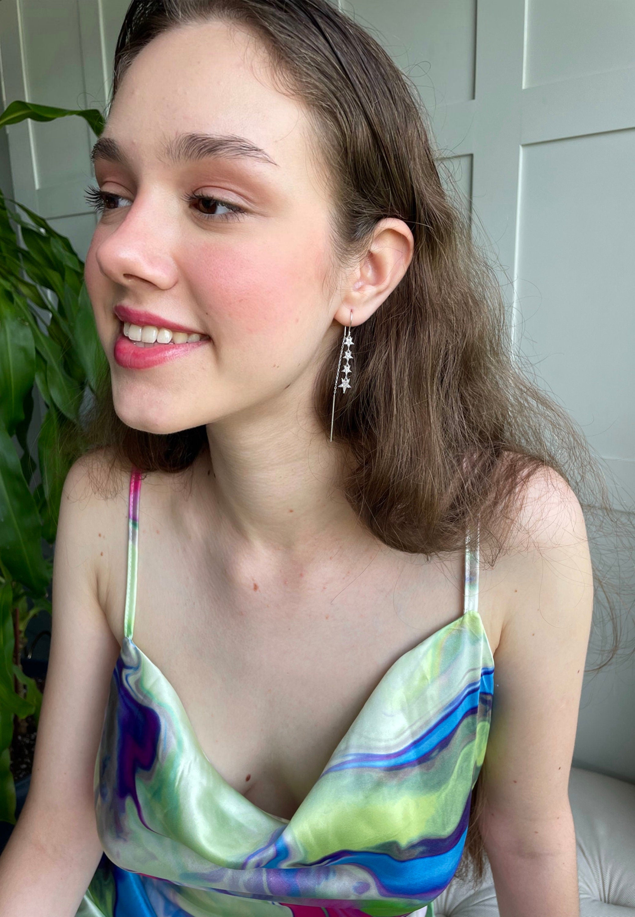 Star Chain Dangle Earrings - Sterling Silver