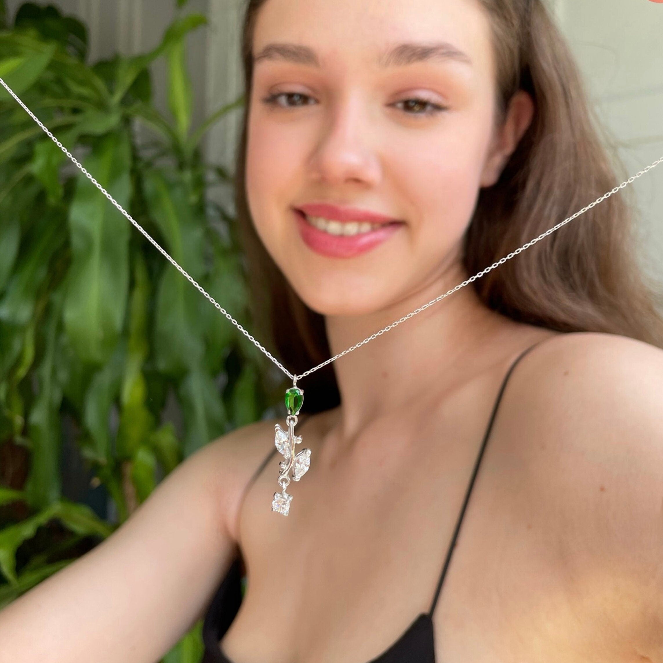 Emerald Floral Dangle Necklace - Sterling Silver