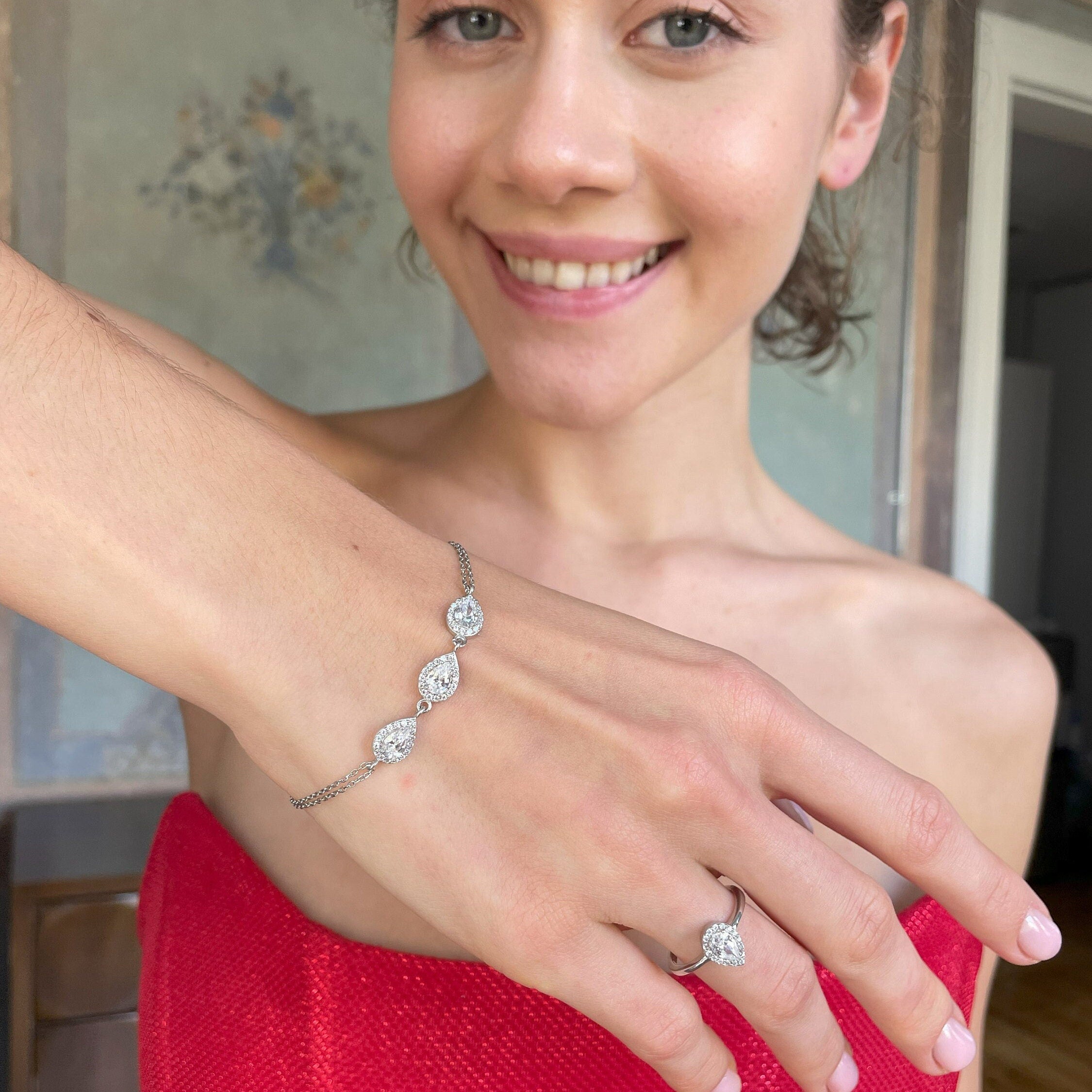 Teardrop CZ Ring & Bracelet Set - Sterling Silver