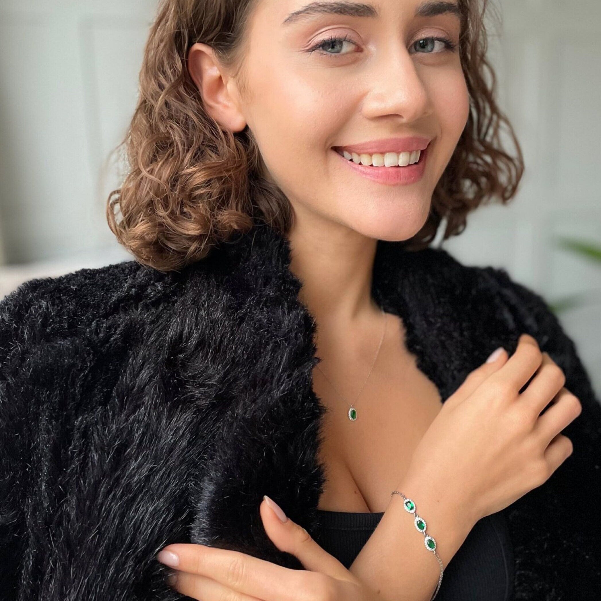 Emerald Green Halo CZ Necklace - Sterling Silver