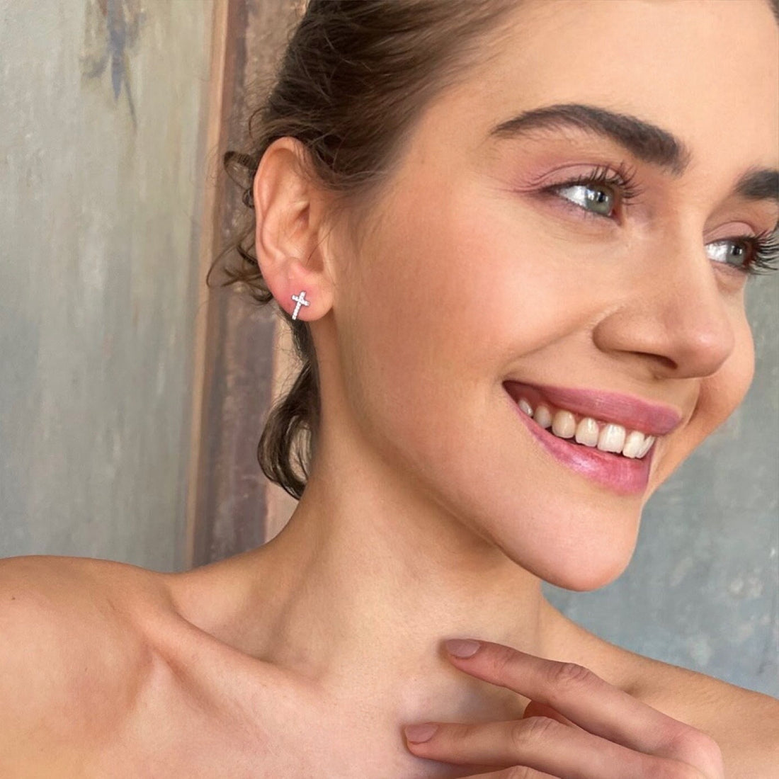 Cross Stud CZ Earrings - Sterling Silver