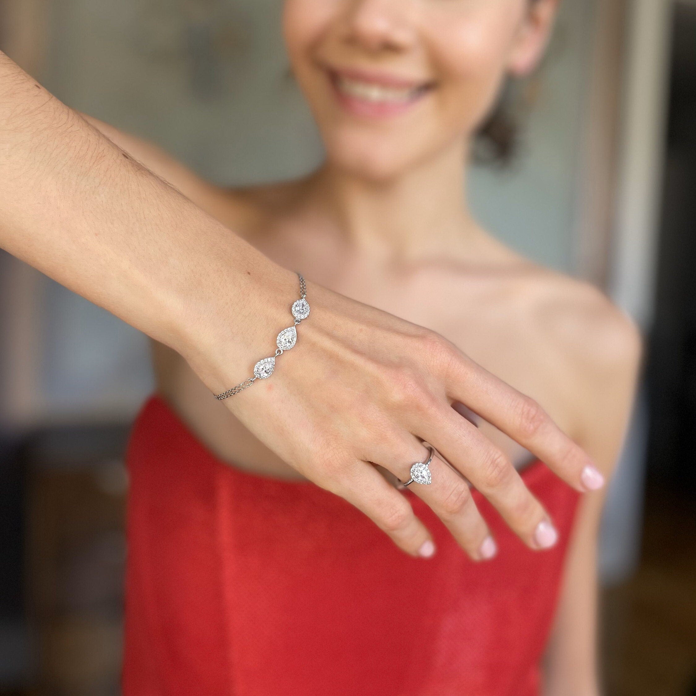 Teardrop CZ Ring & Bracelet Set - Sterling Silver