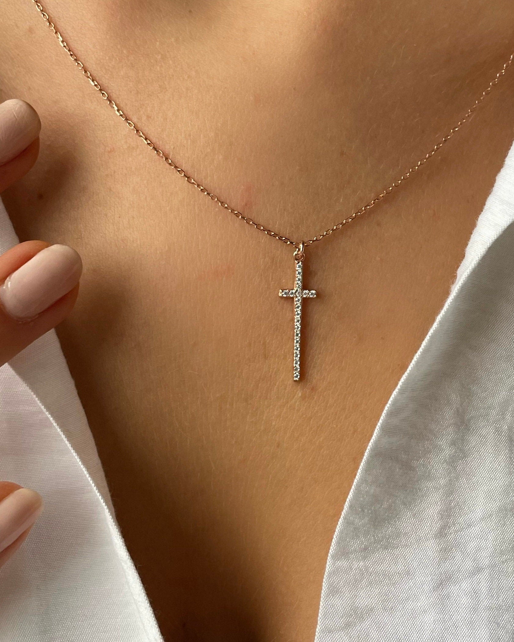 Elegant CZ Cross Necklace - Sterling Silver