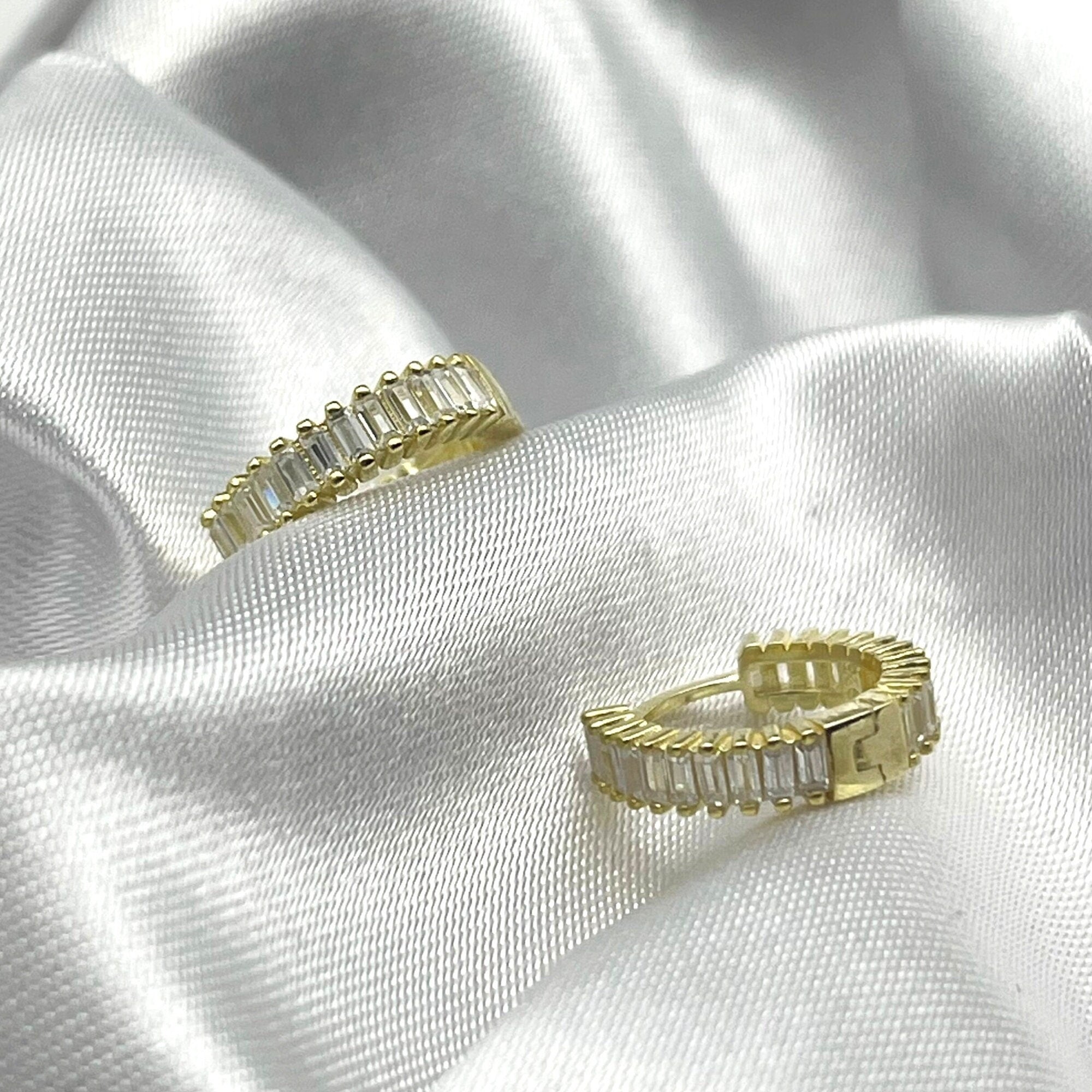 Tiny Baguette Hoop Earrings - Sterling Silver