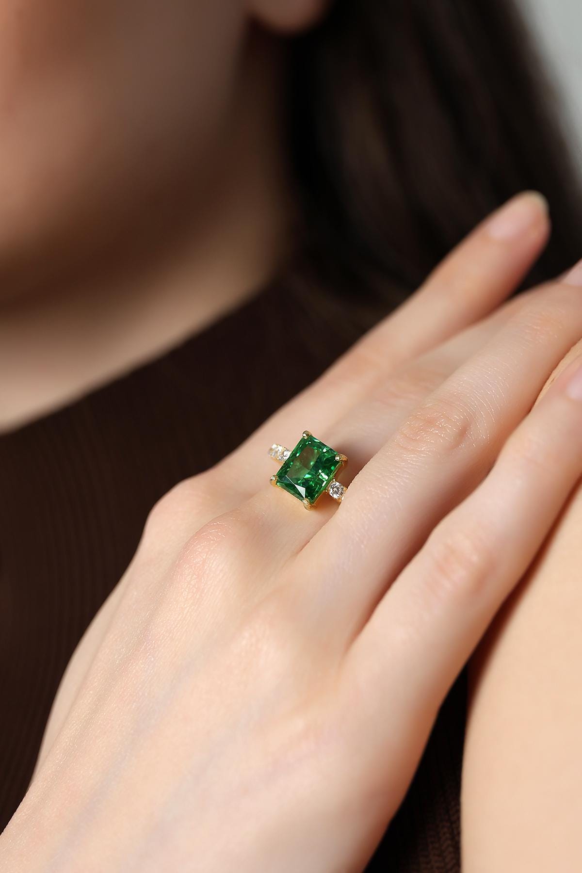Princess Cut Emerald Ring - Sterling Silver