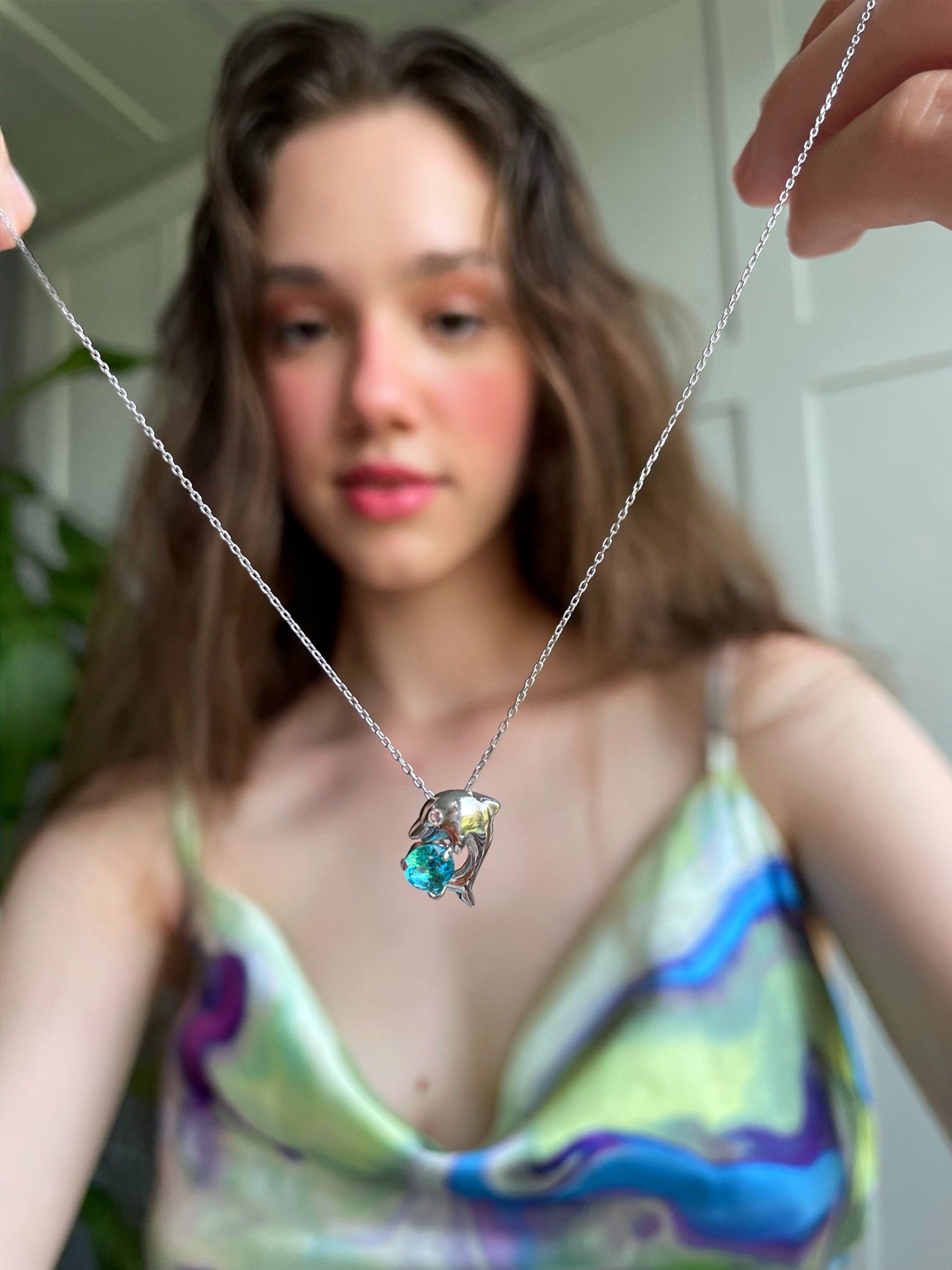 Blue Topaz Dolphin Necklace - Sterling Silver