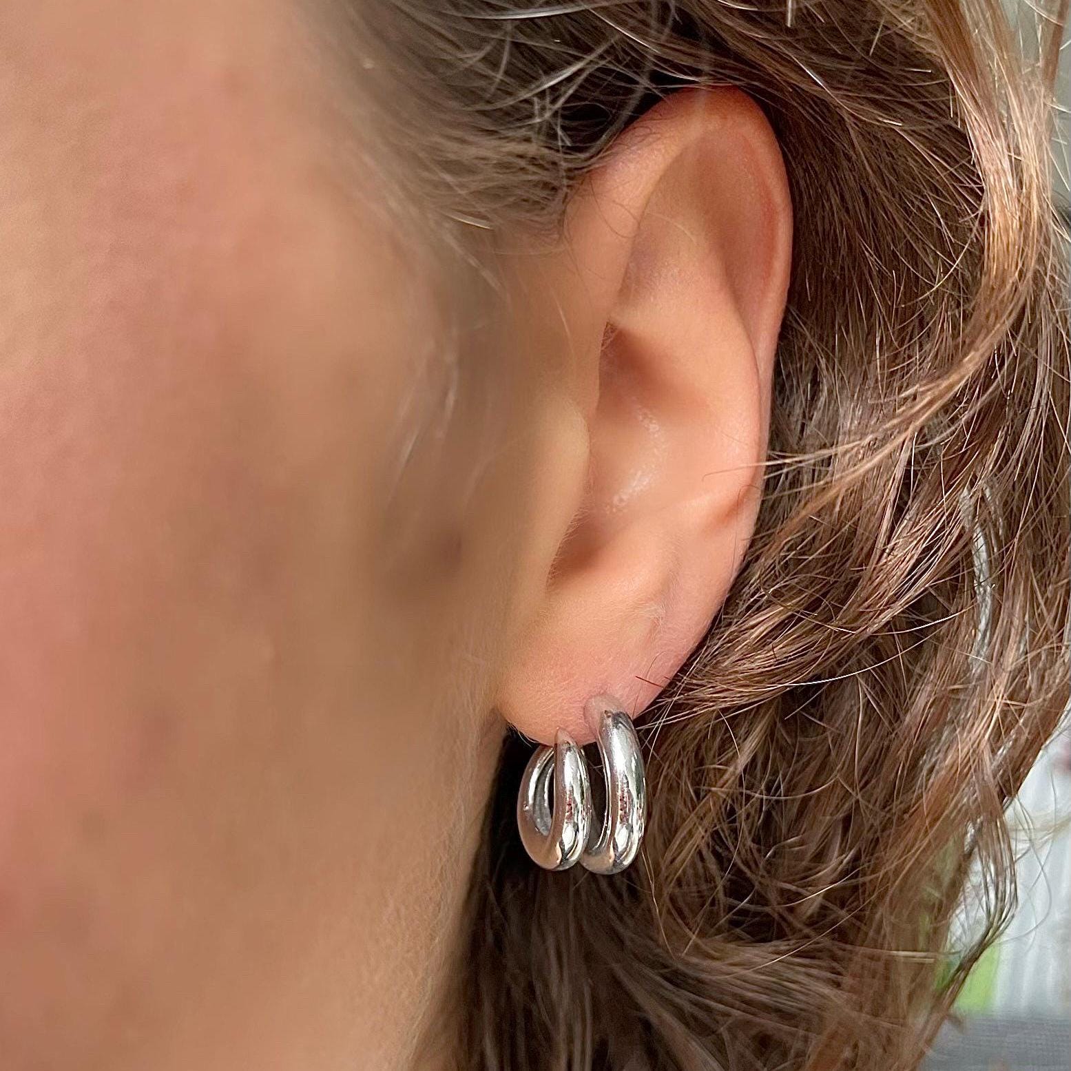 Chunky Double Hoop Earrings - Sterling Silver
