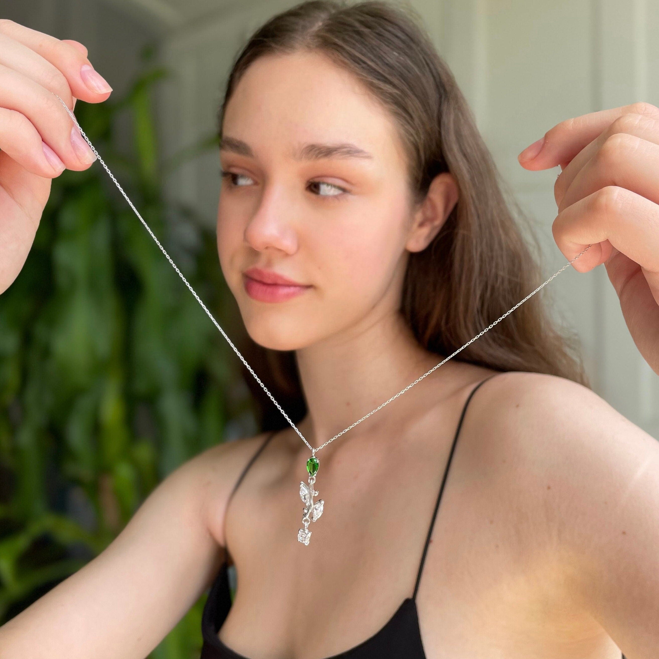 Emerald Floral Dangle Necklace - Sterling Silver
