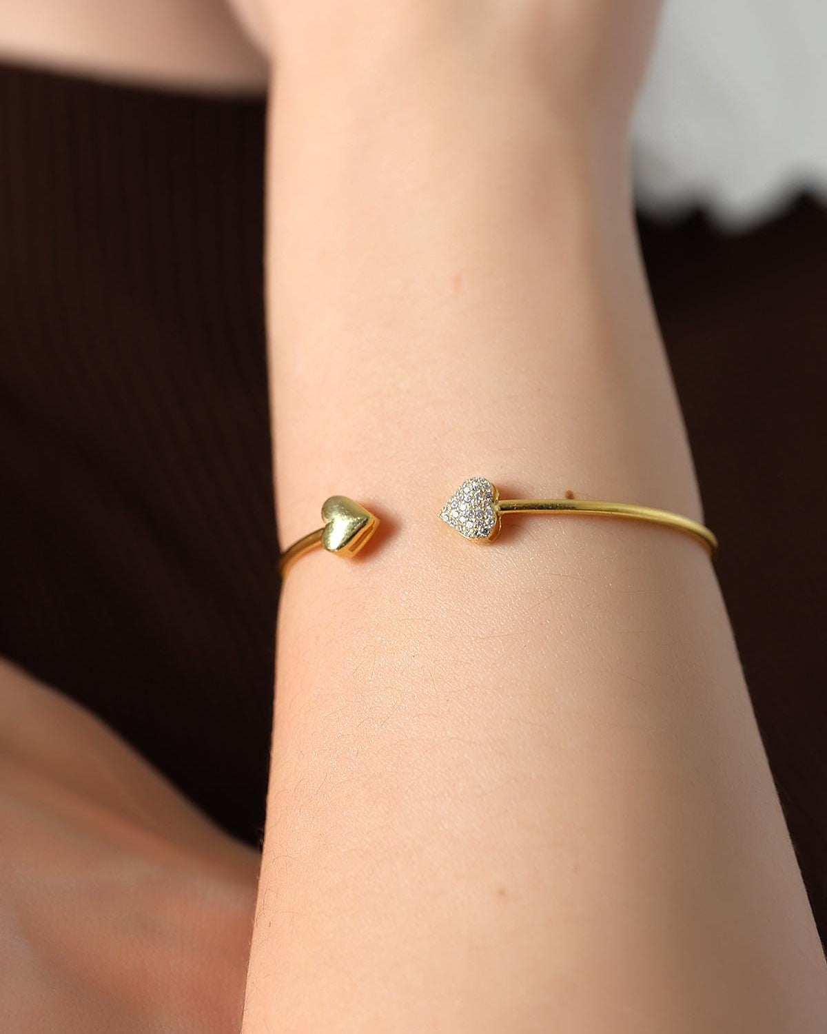 Gold Heart Open Cuff Bracelet - Sterling Silver