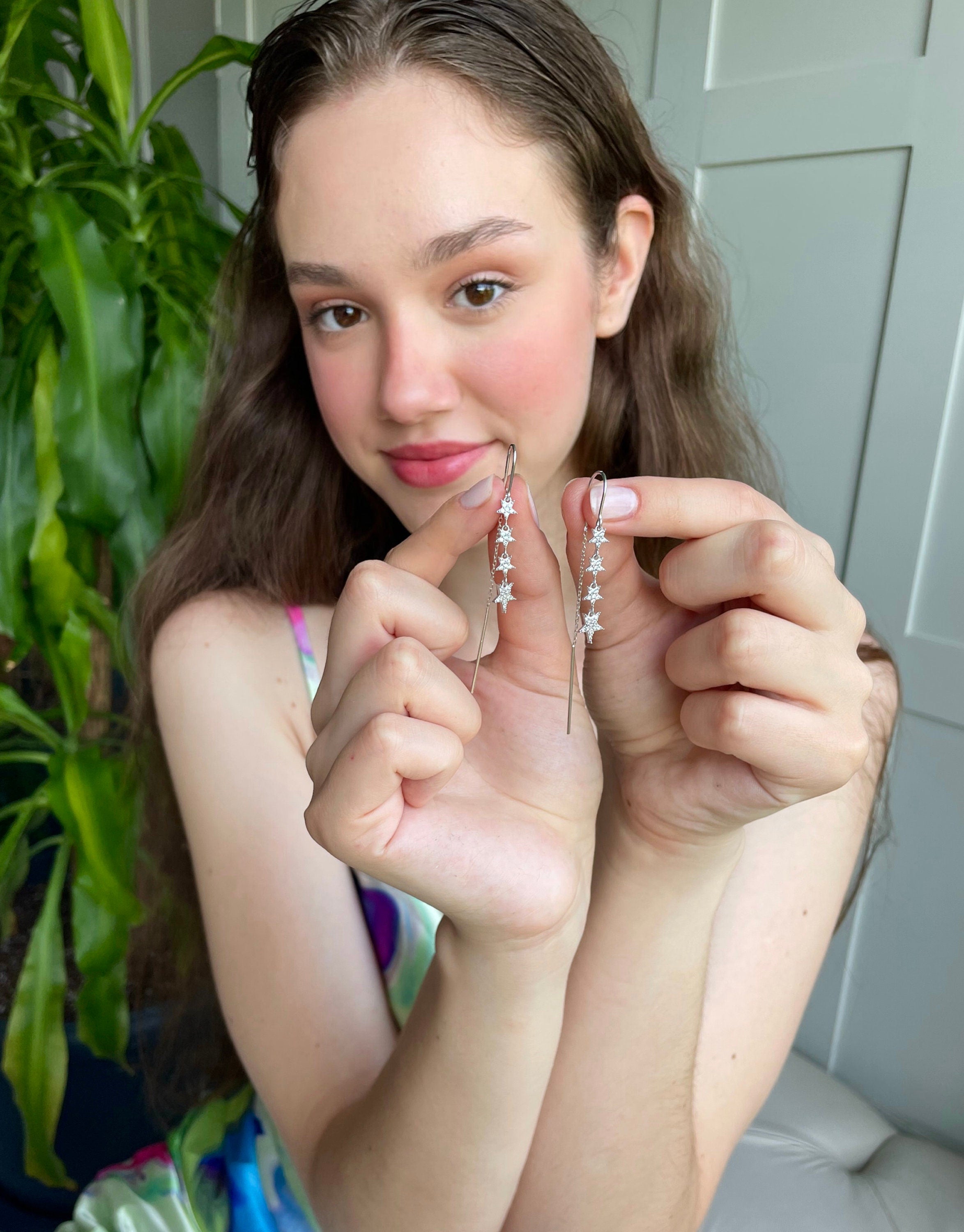 Star Chain Dangle Earrings - Sterling Silver