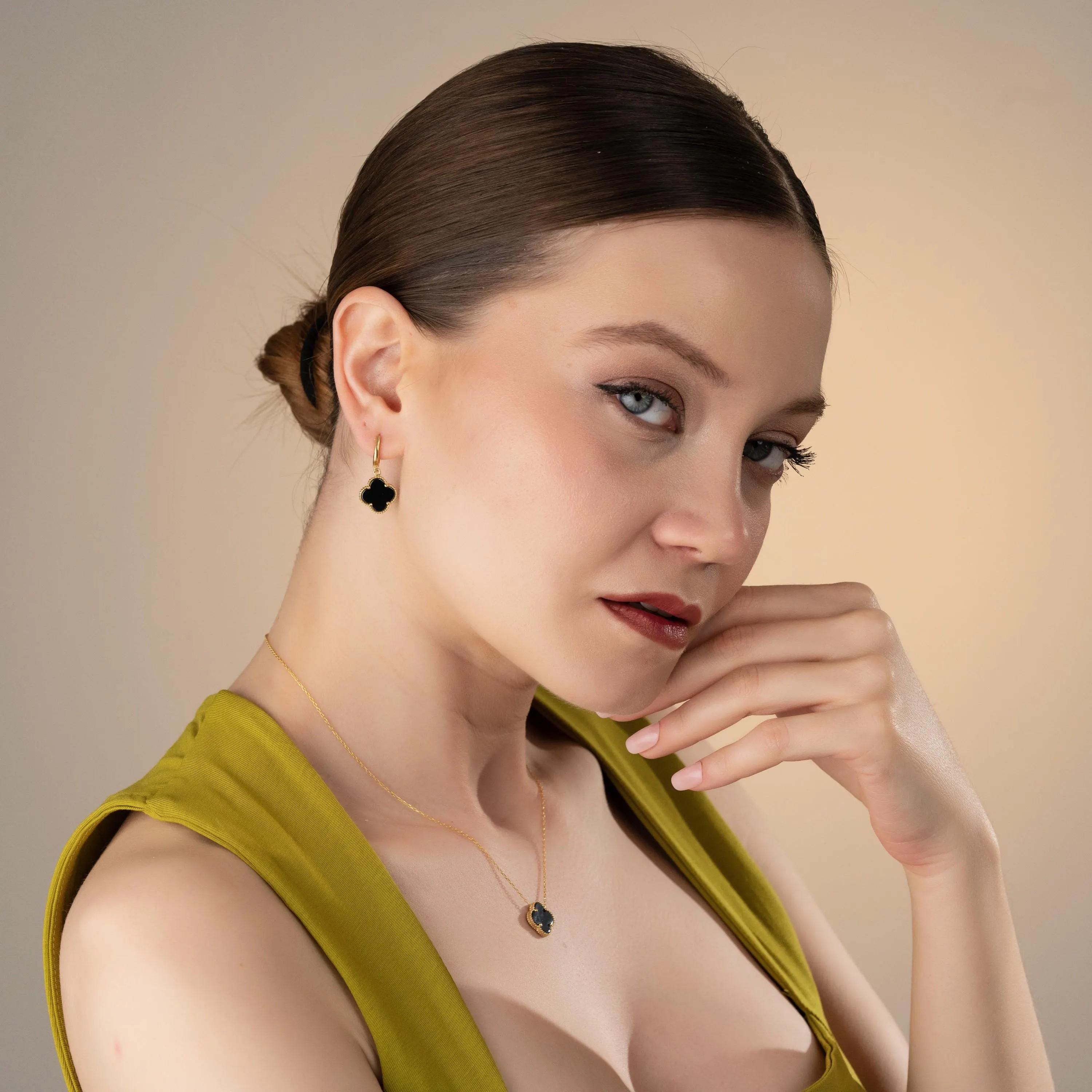 Black Clover Necklace & Earrings Set - Sterling Silver