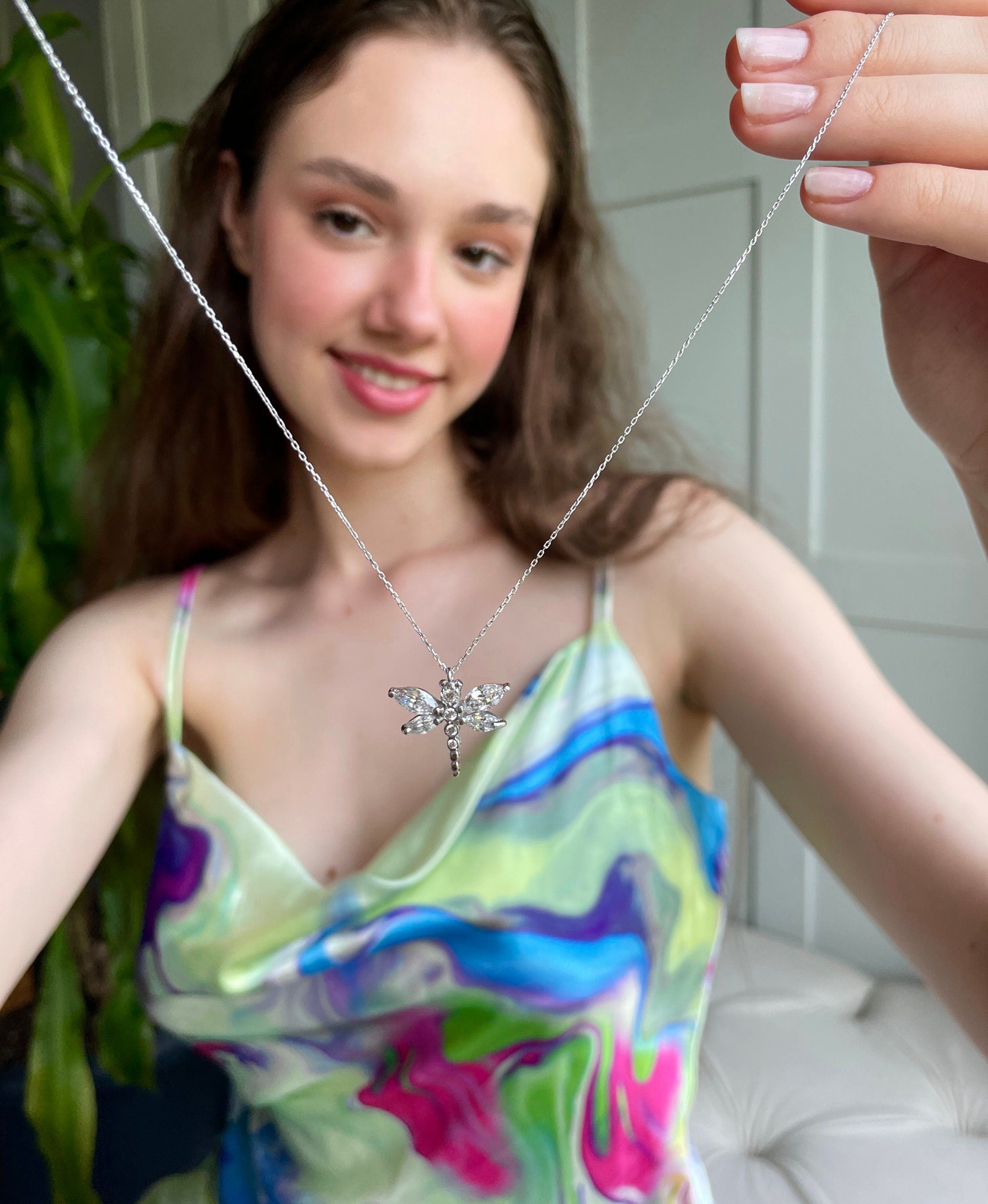 Handmade Dragonfly CZ Silver Necklace - Sterling Silver