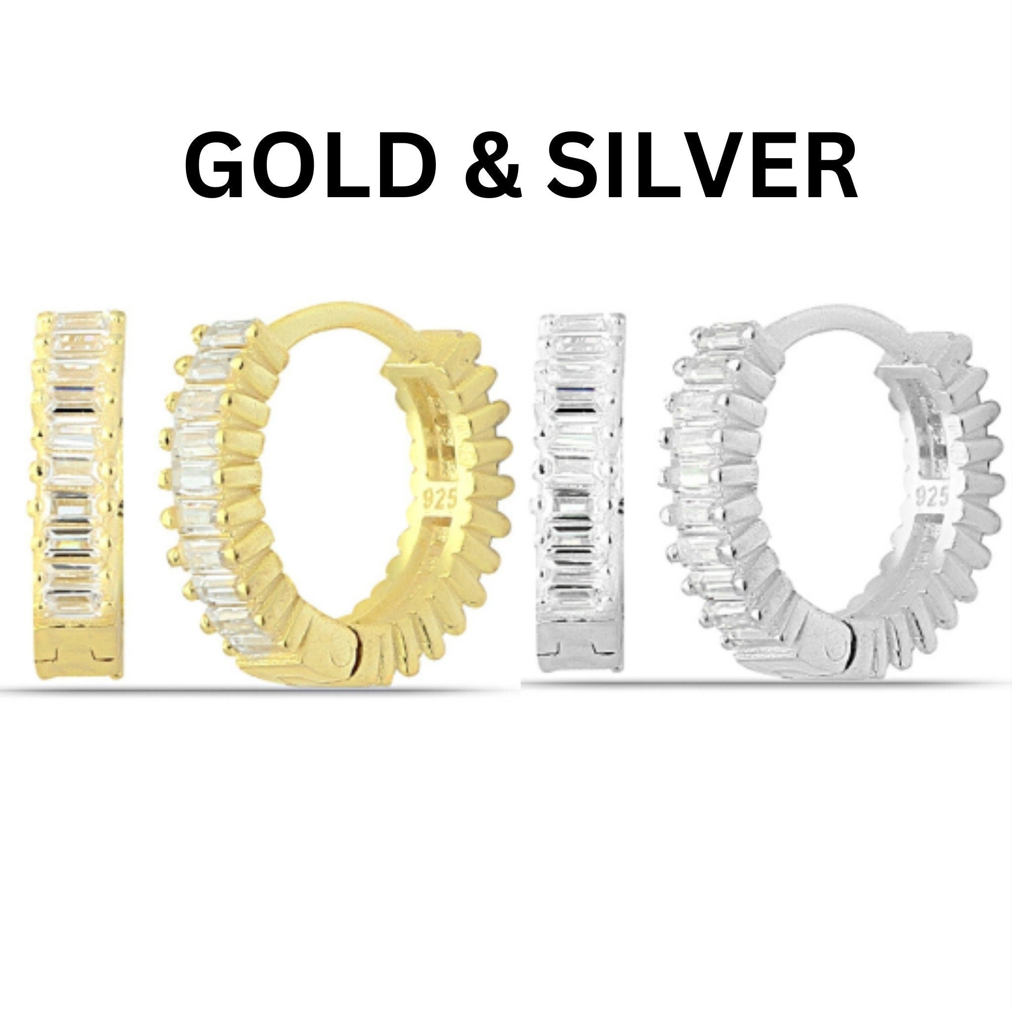 Tiny Baguette Hoop Earrings - Sterling Silver