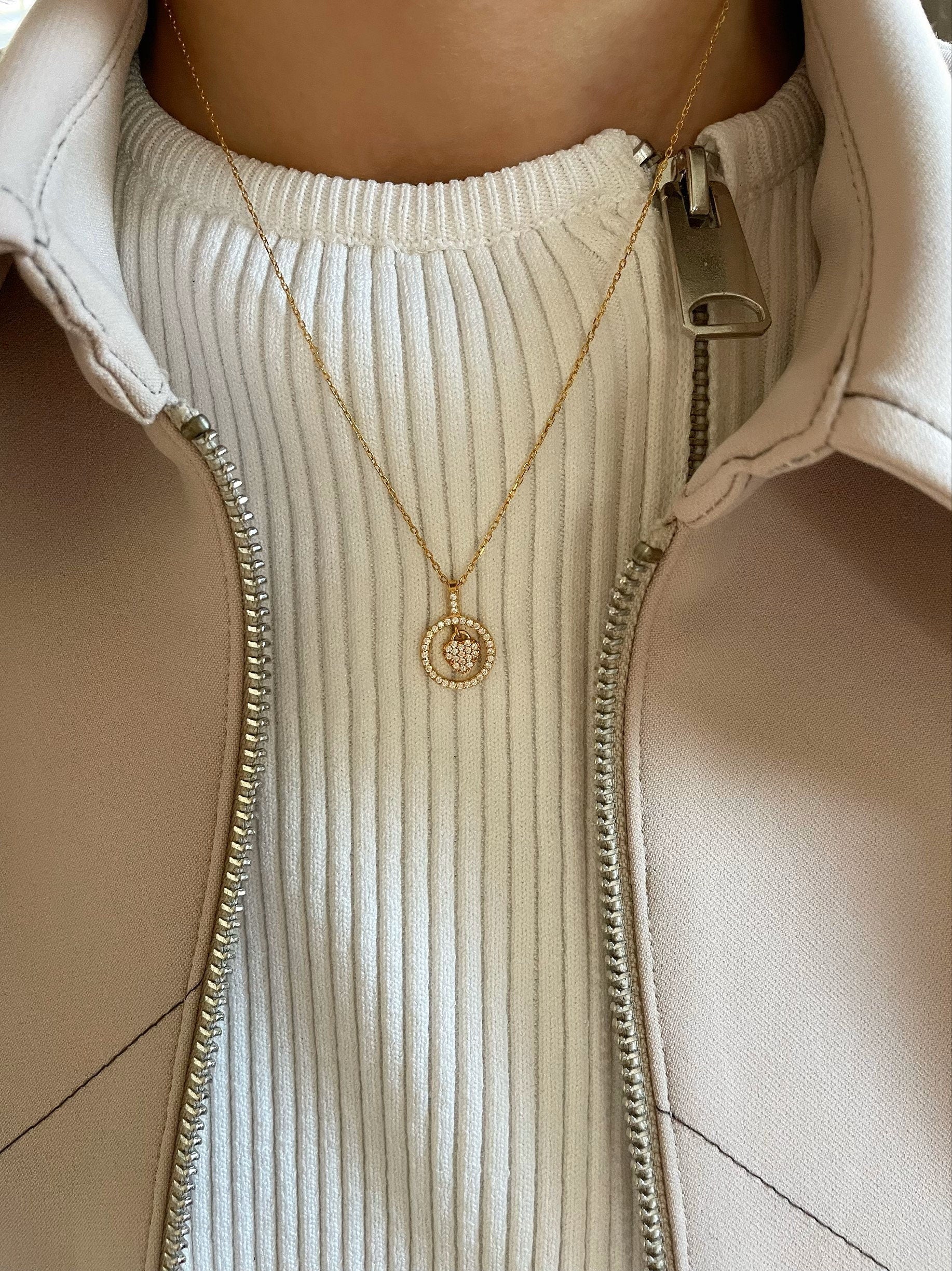 Zirconia Heart Circle Necklace - Sterling Silver