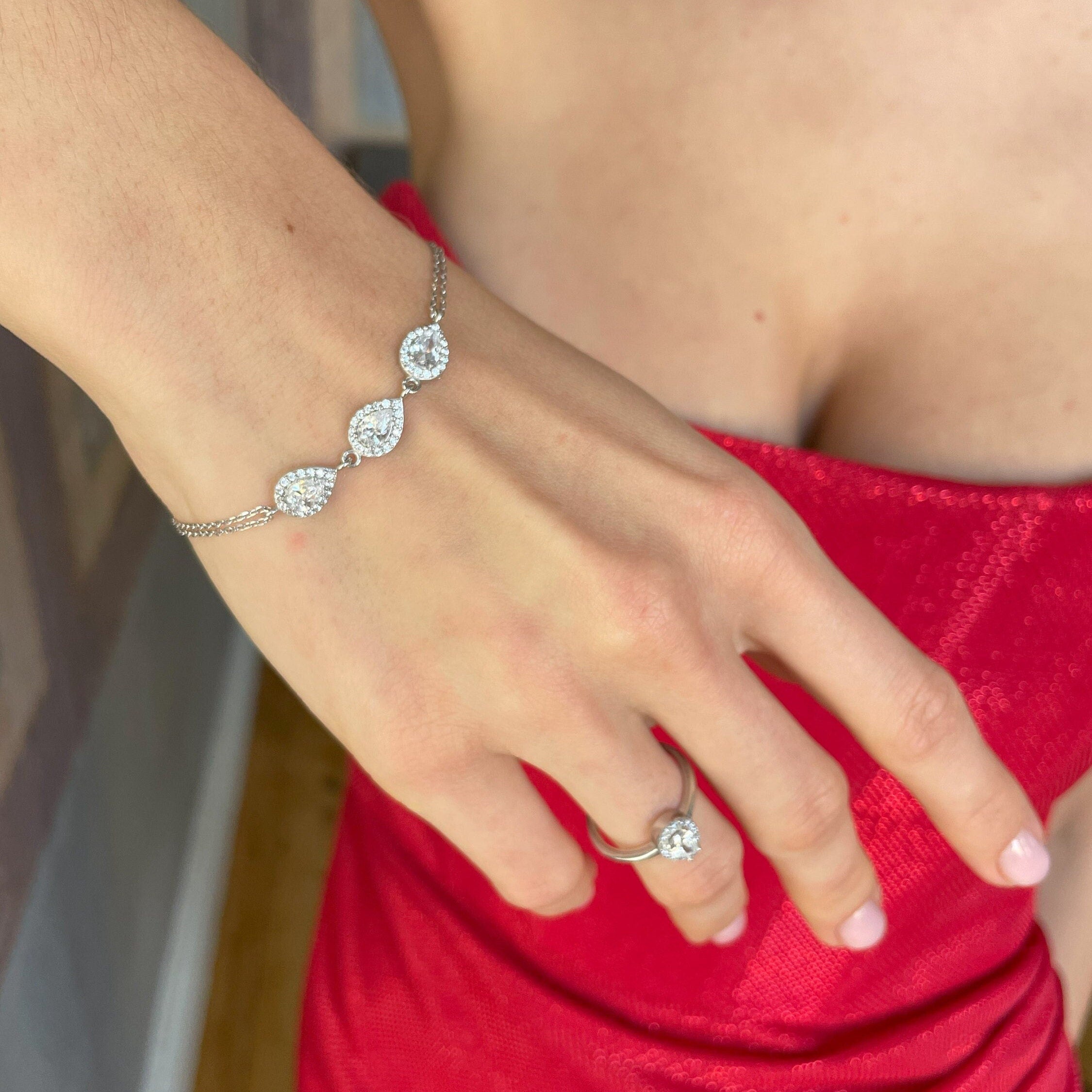 Teardrop CZ Ring & Bracelet Set - Sterling Silver