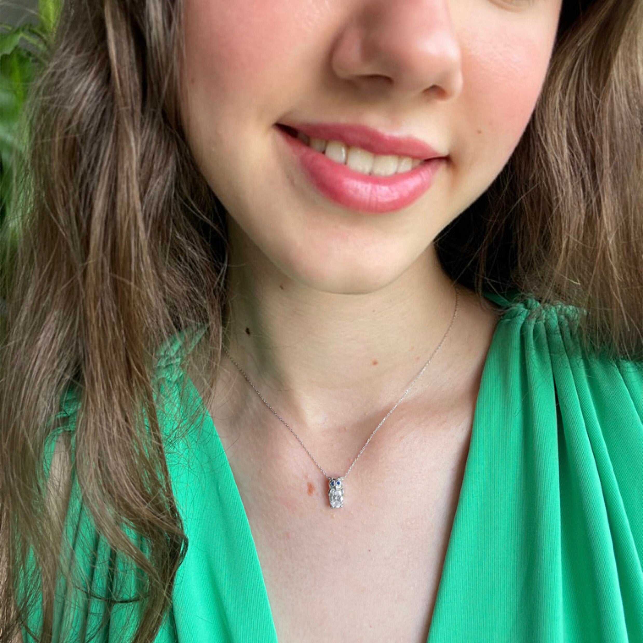 Sapphire Eyes Owl Pendant Necklace - Sterling Silver