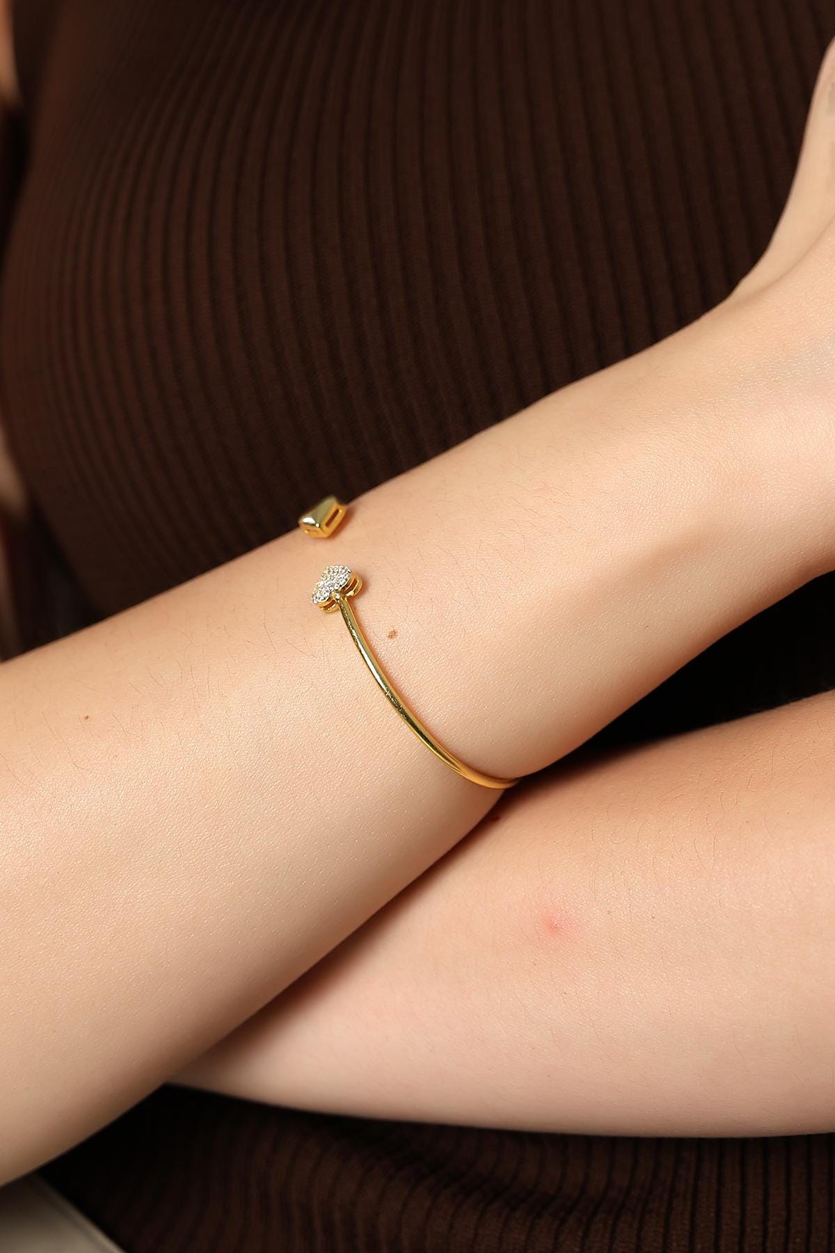 Gold Heart Open Cuff Bracelet - Sterling Silver