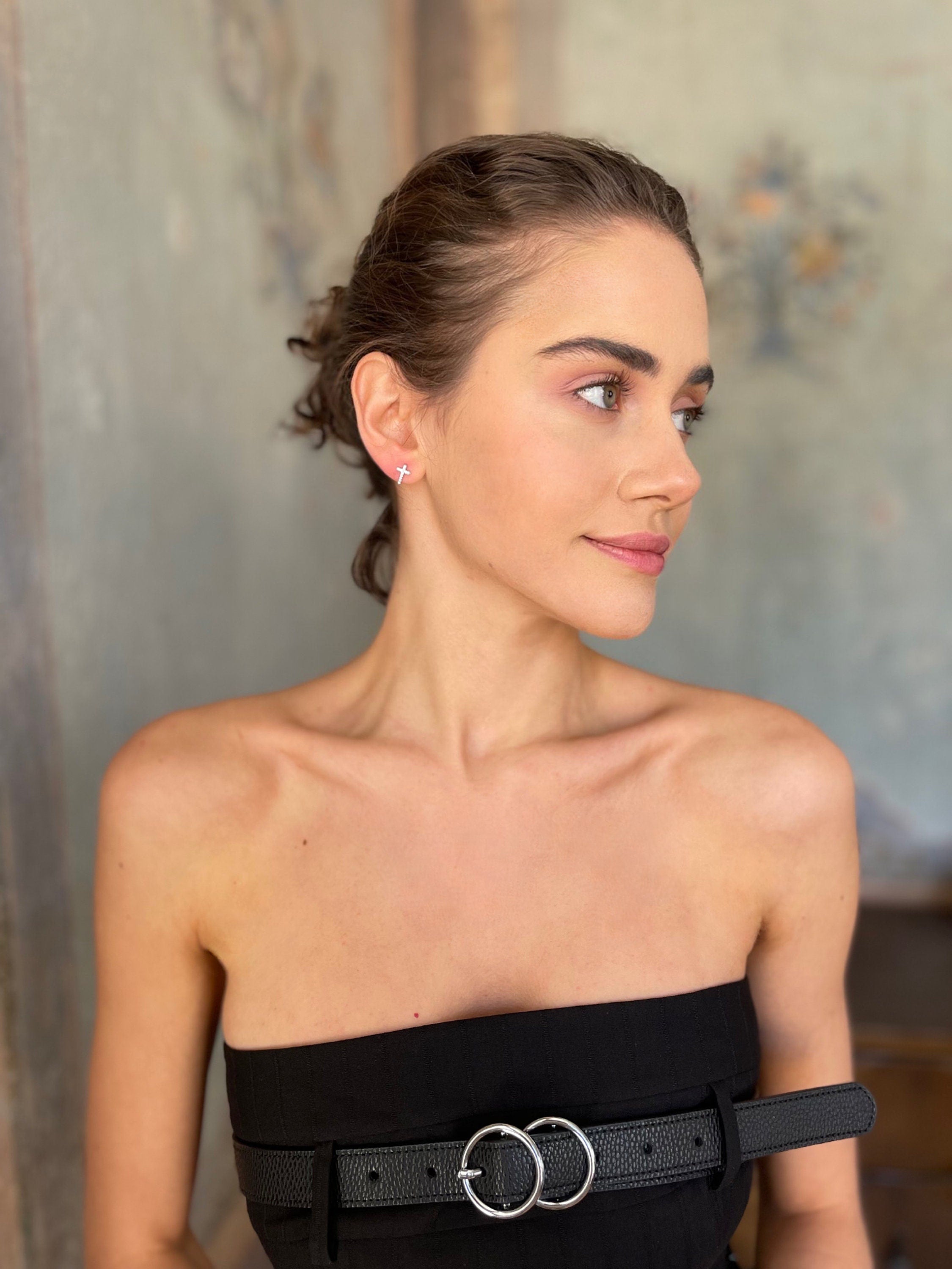 Cross Stud CZ Earrings - Sterling Silver