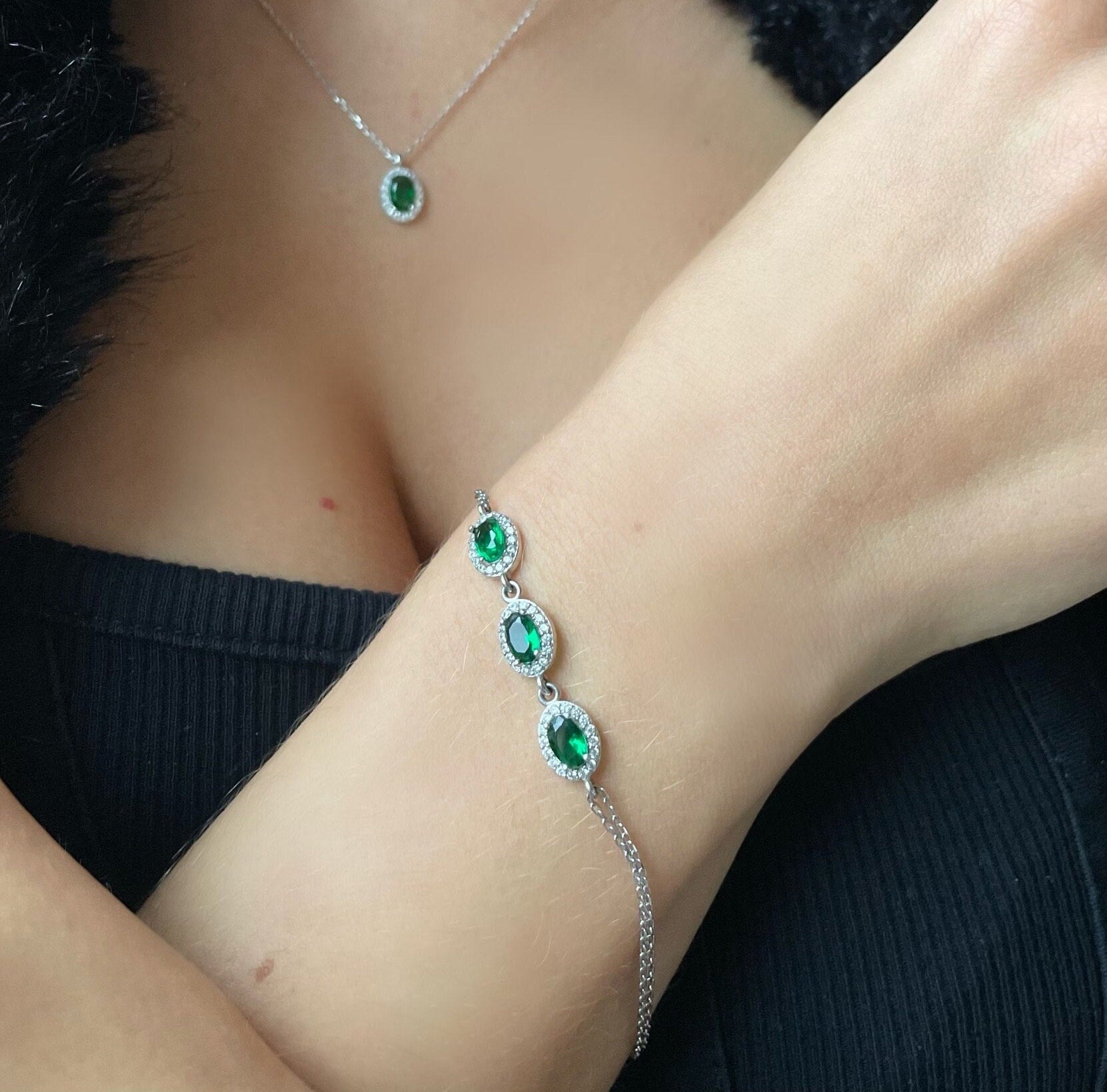 Dainty Emerald Bracelet With Zirconia Frame - Sterling Silver
