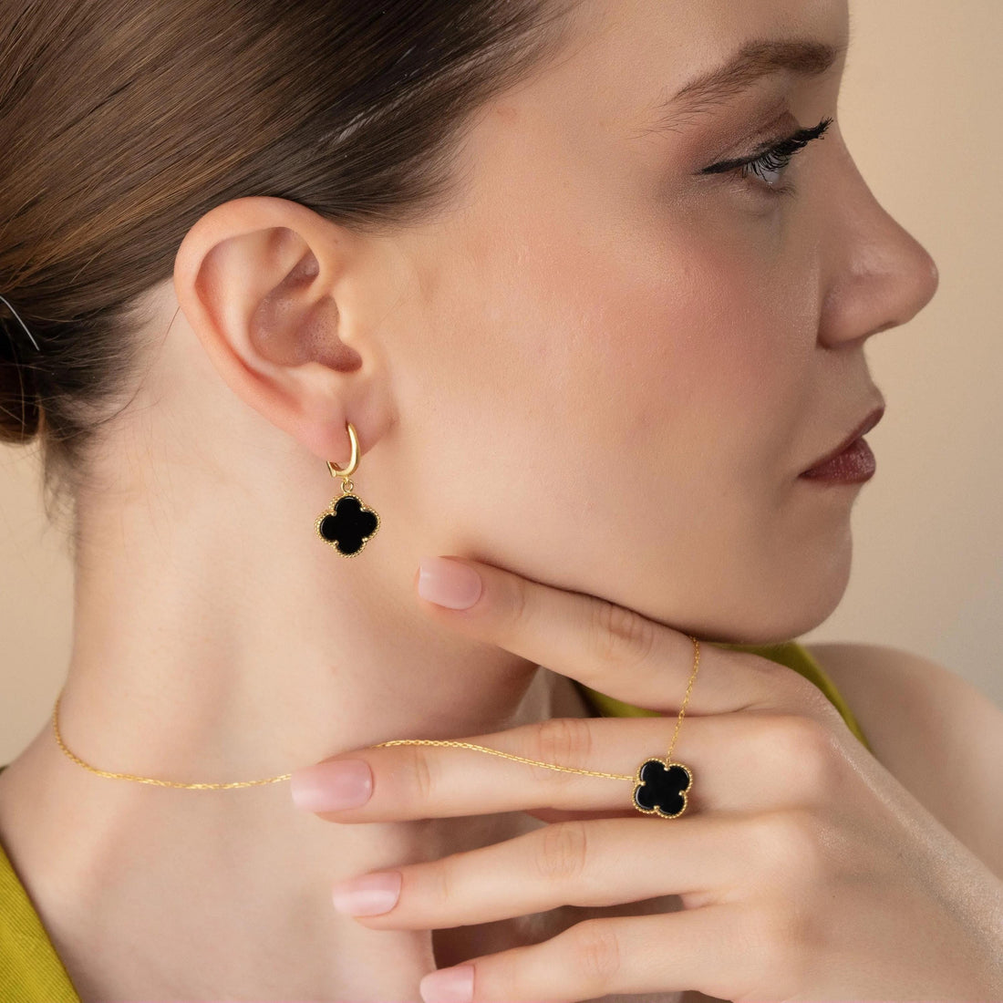 Black Clover Necklace & Earrings Set - Sterling Silver