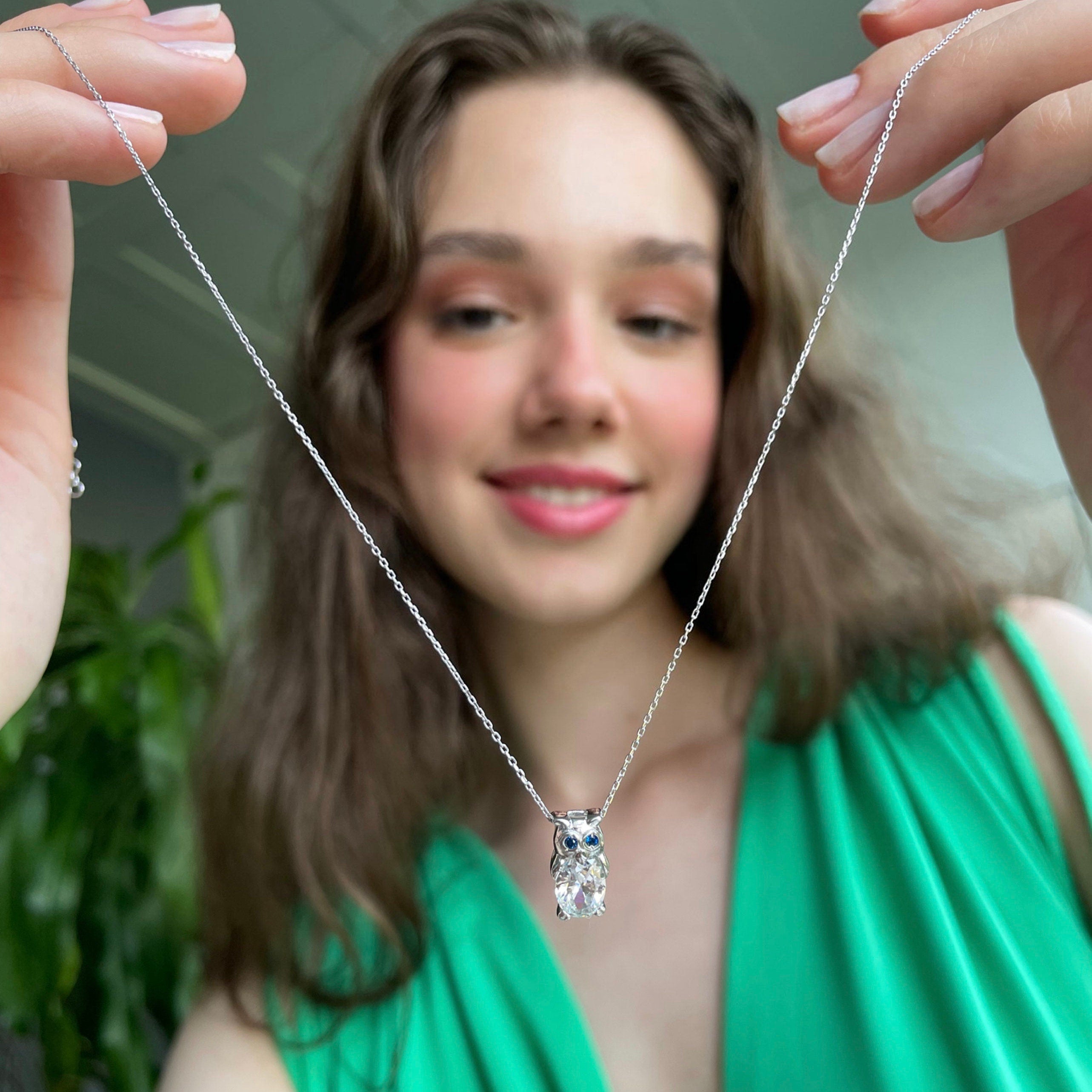 Sapphire Eyes Owl Pendant Necklace - Sterling Silver