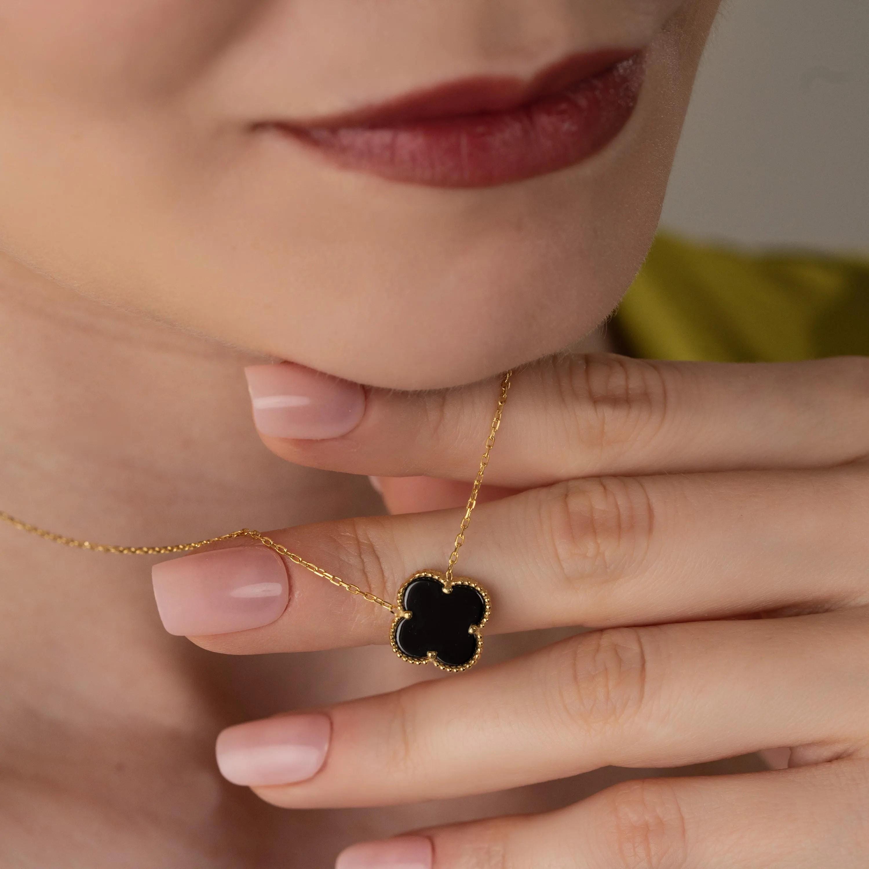 Black Clover Necklace & Earrings Set - Sterling Silver