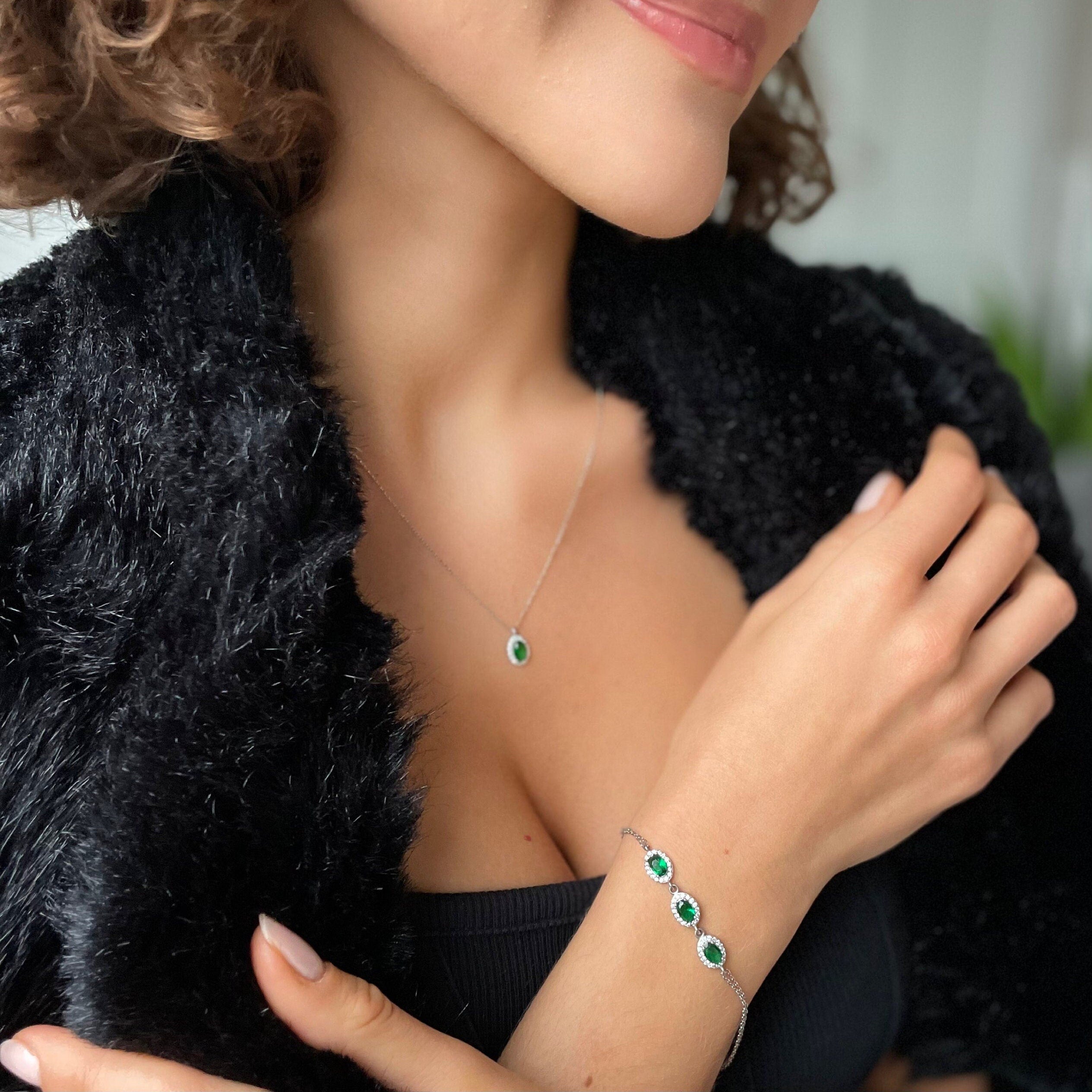 Dainty Emerald Bracelet With Zirconia Frame - Sterling Silver