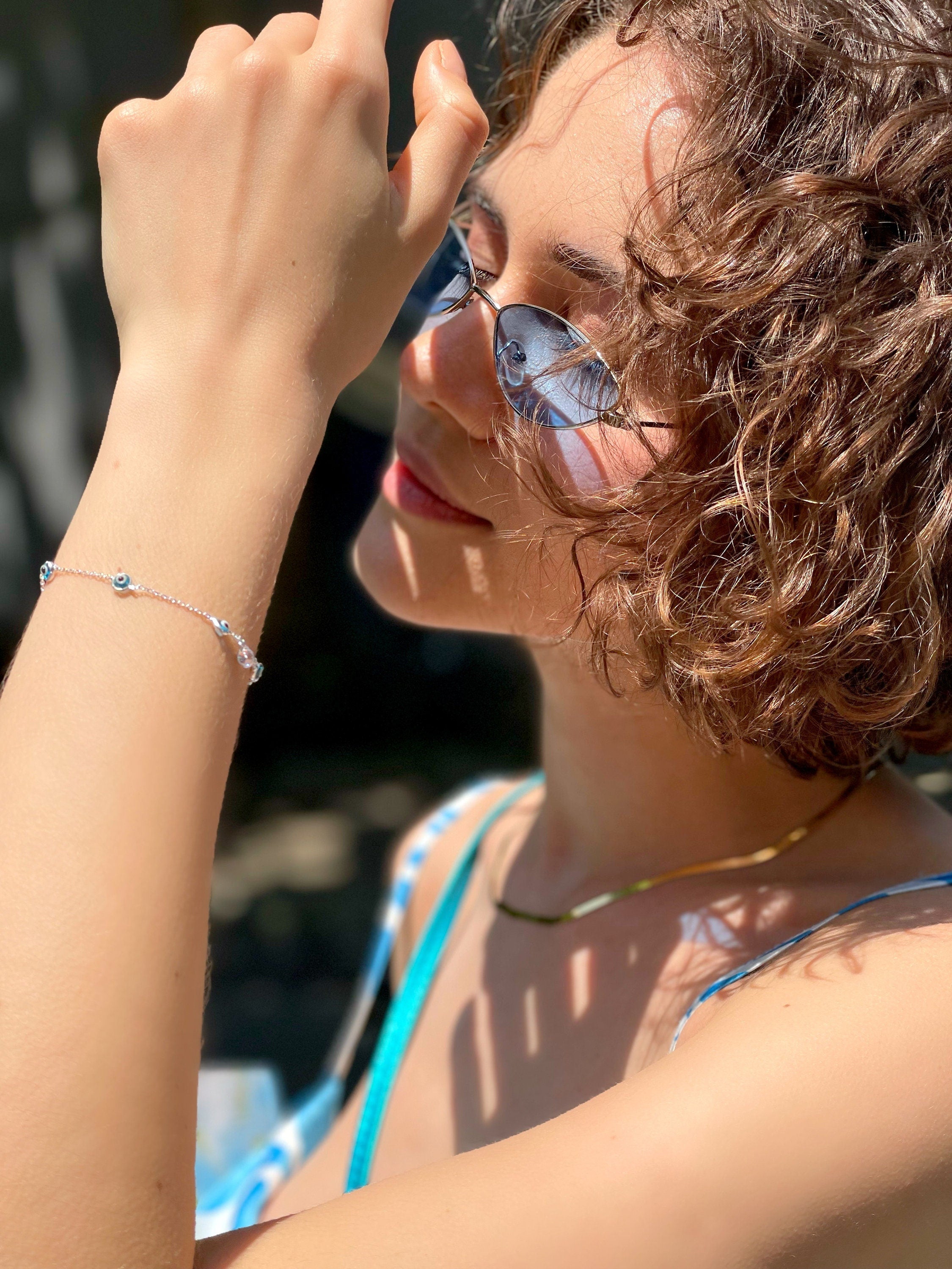 Blue Evil Eye Bead Bracelet - Sterling Silver