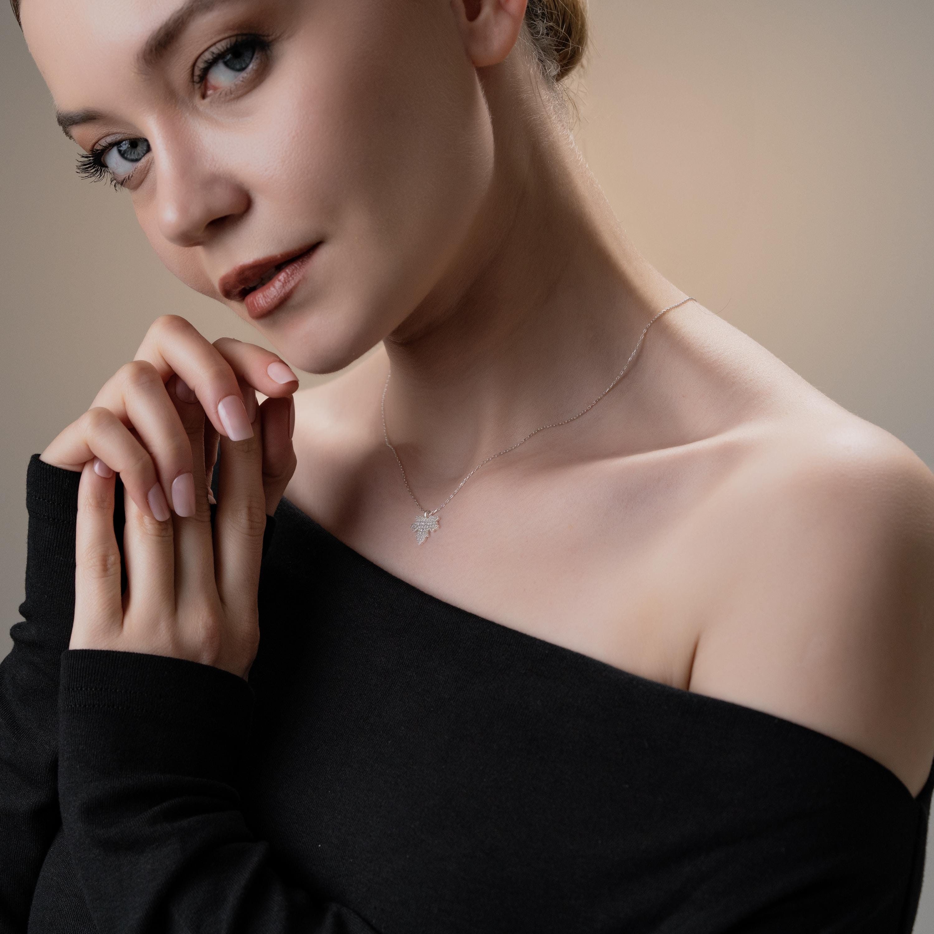 Maple Leaf CZ Pendant Necklace - Sterling Silver