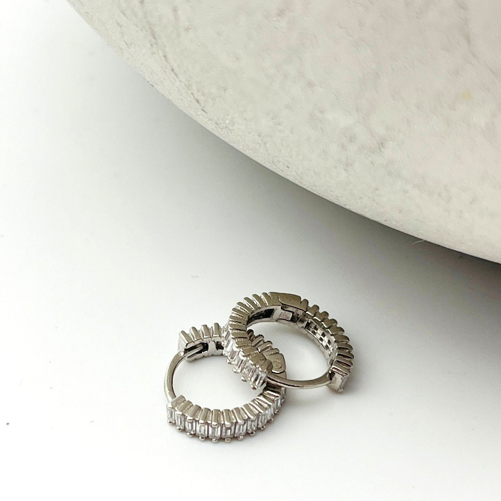 Tiny Baguette Hoop Earrings - Sterling Silver
