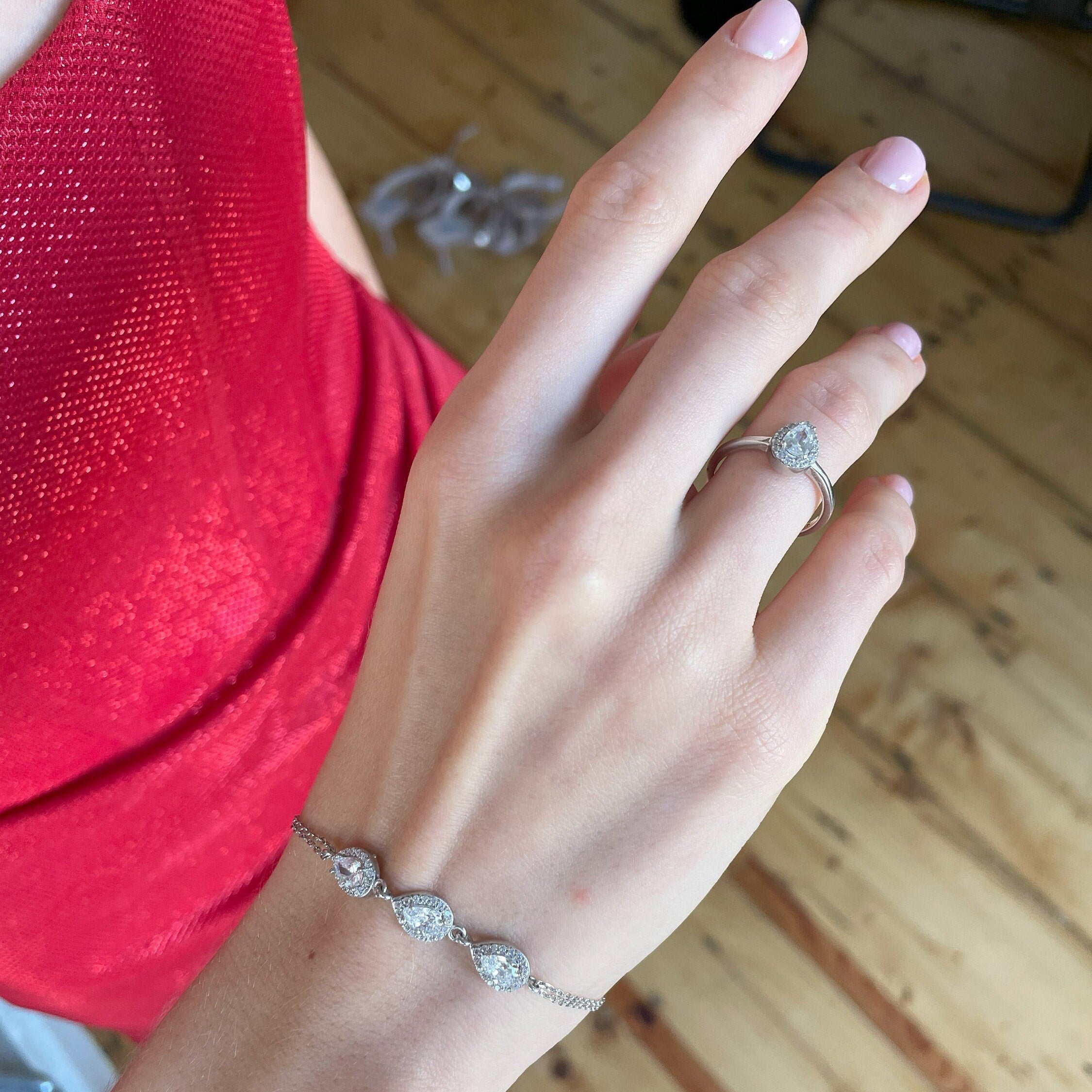 Teardrop CZ Ring & Bracelet Set - Sterling Silver