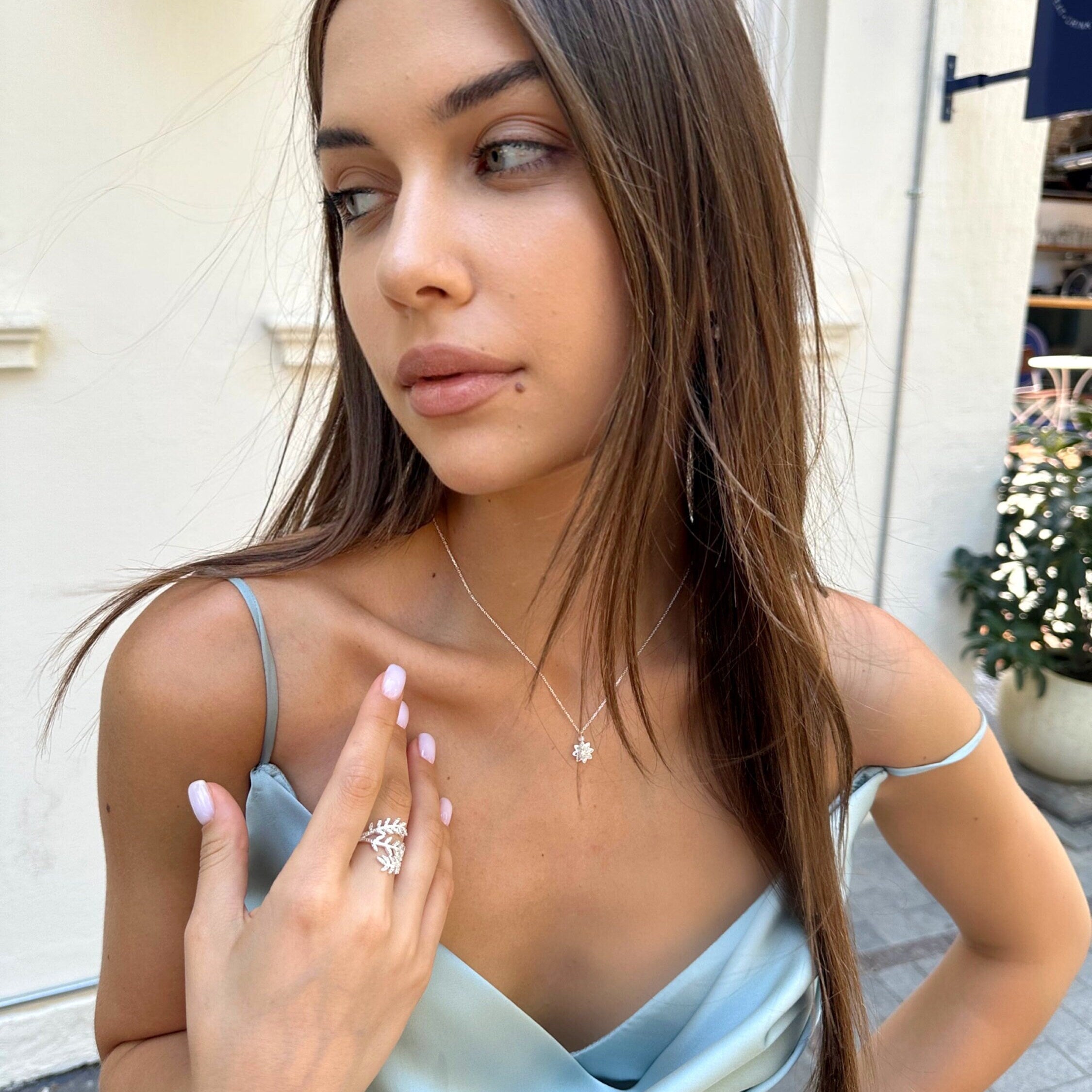 Floral Design Pendant CZ Flower Necklace - Sterling Silver