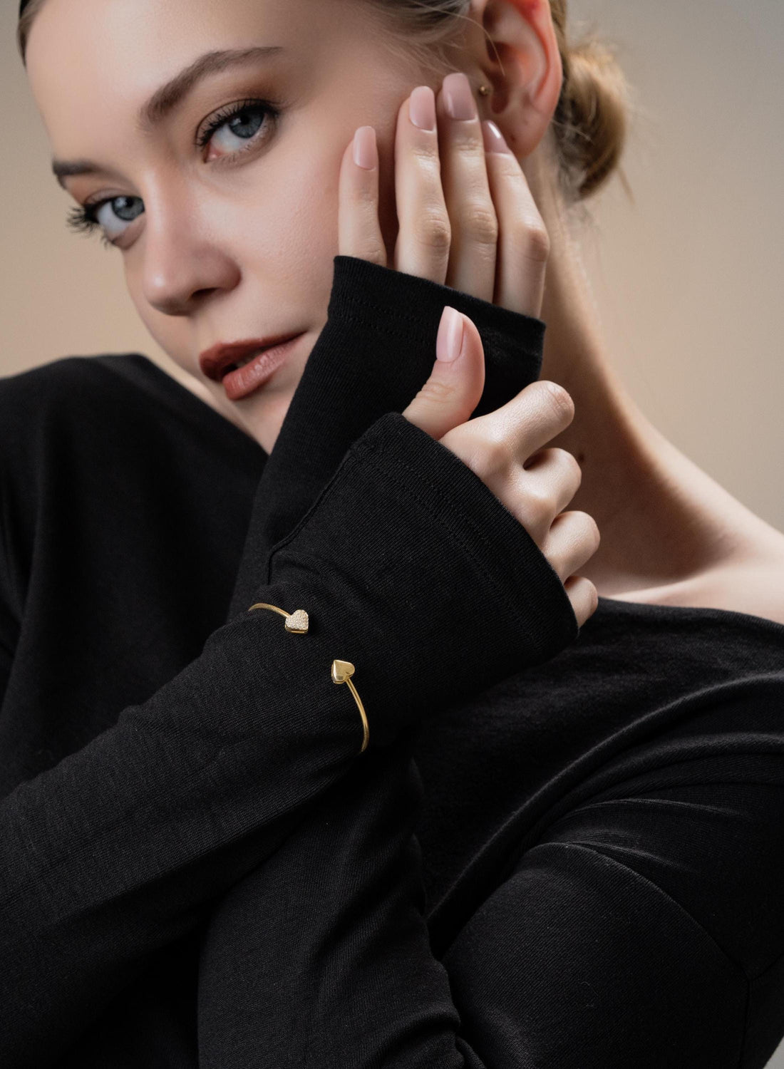 Gold Heart Open Cuff Bracelet - Sterling Silver