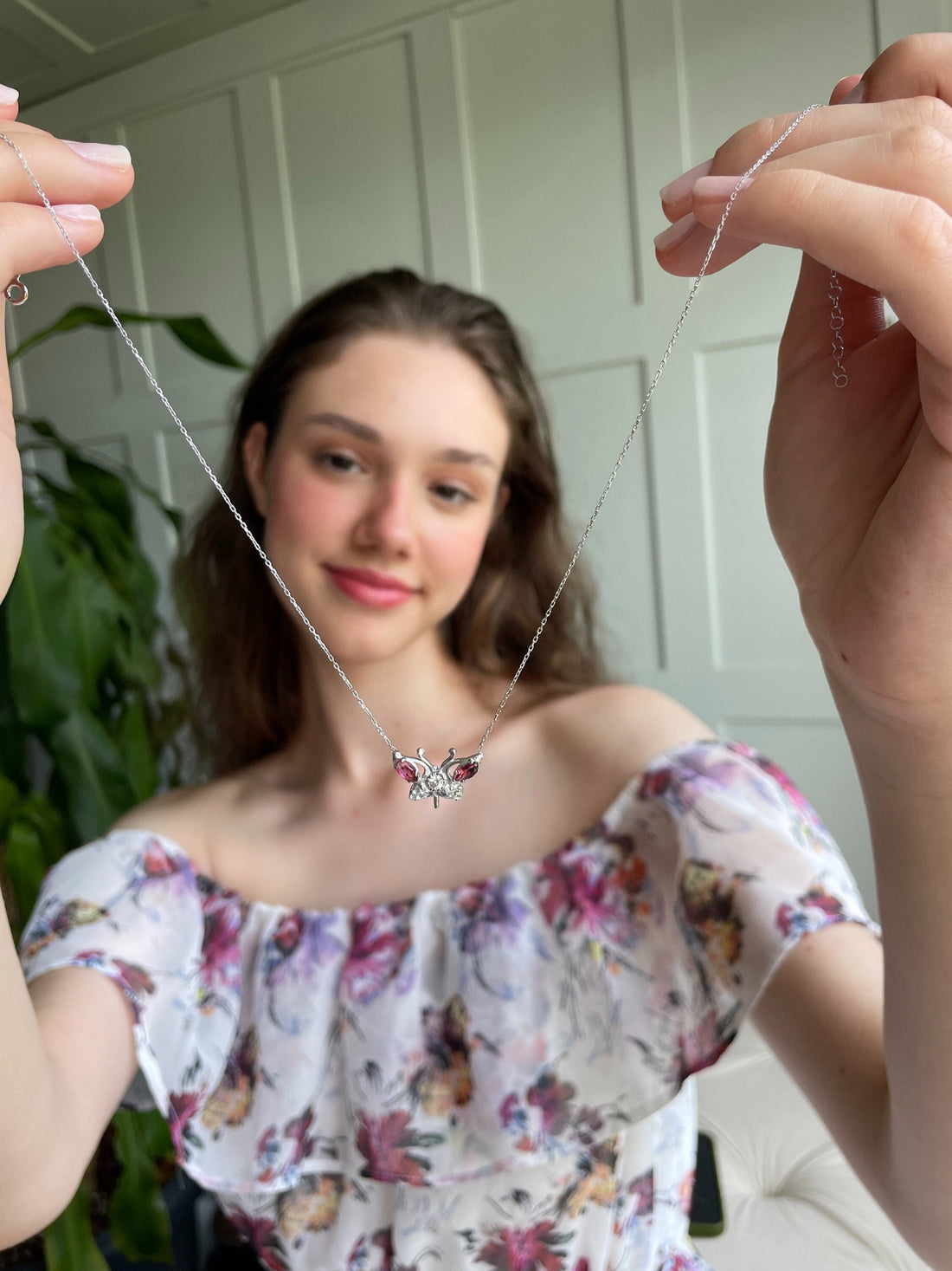 Pink Tourmaline Butterfly Necklace - Sterling Silver