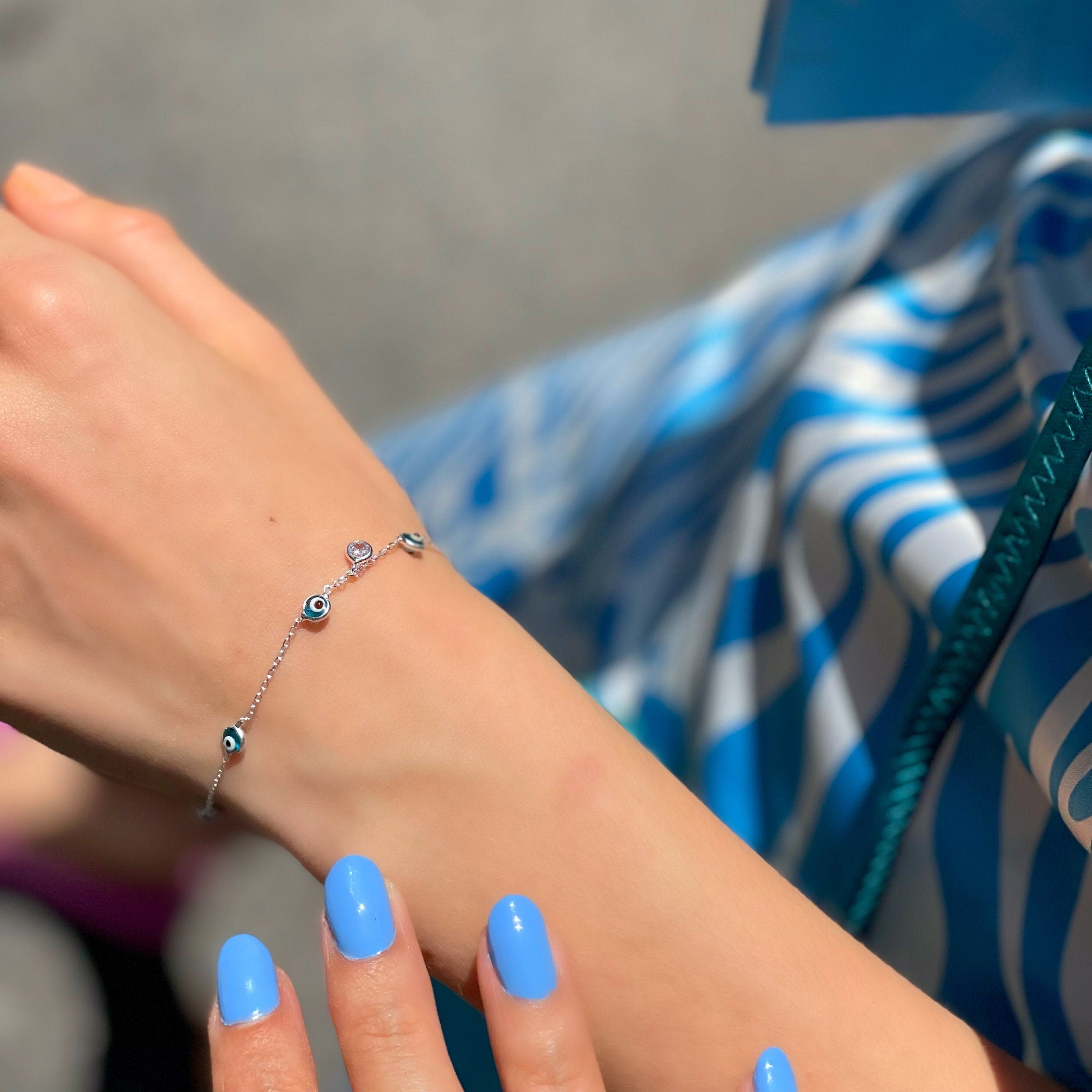 Blue Evil Eye Bead Bracelet - Sterling Silver