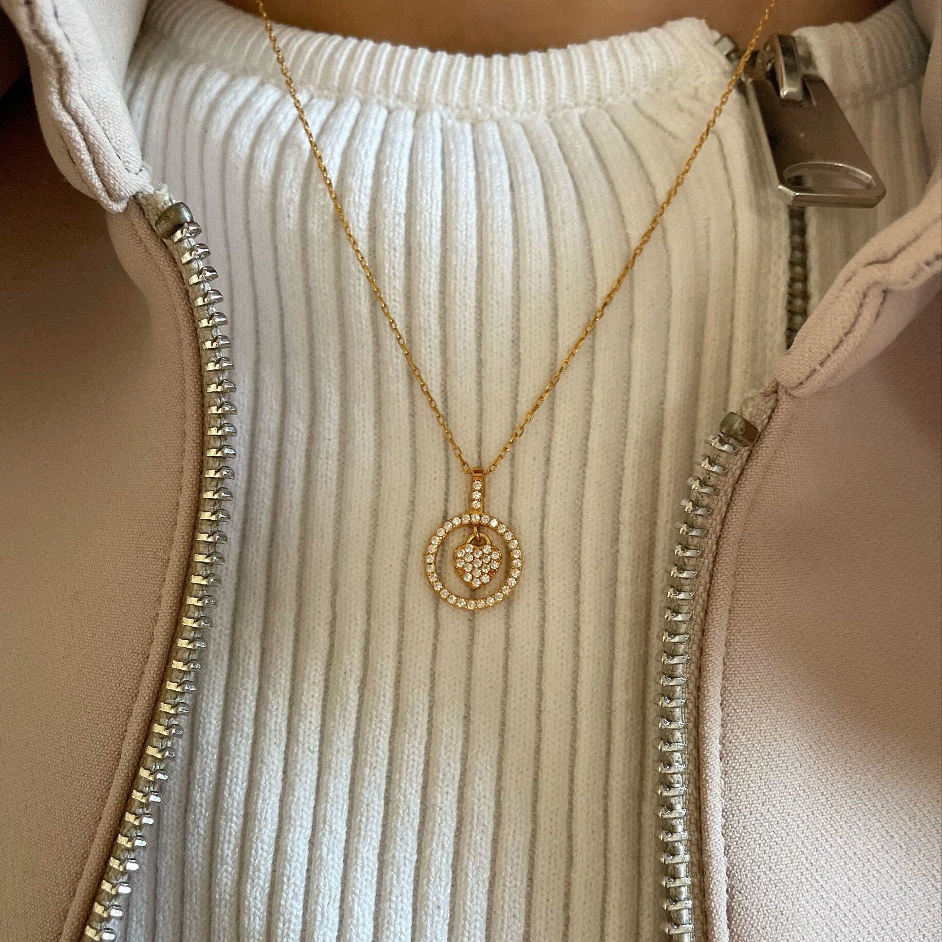 Zirconia Heart Circle Necklace - Sterling Silver