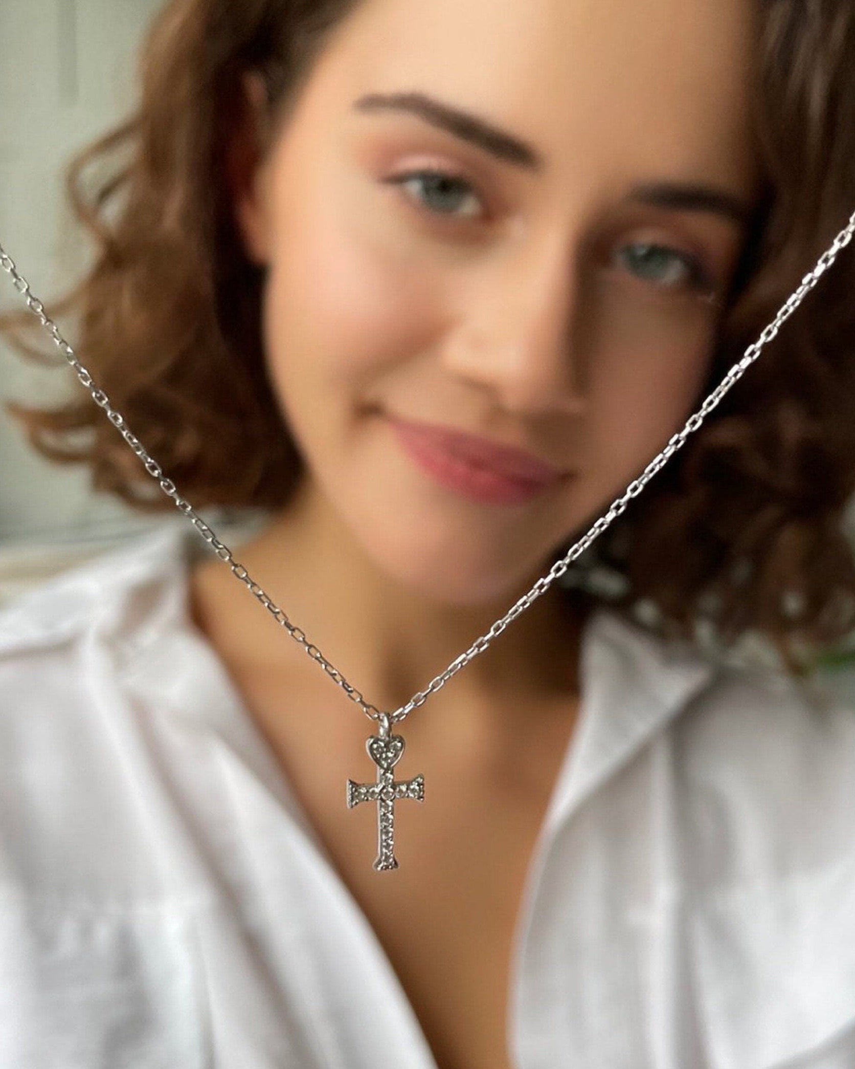 Dainty Heart Cross CZ Necklace - Sterling Silver