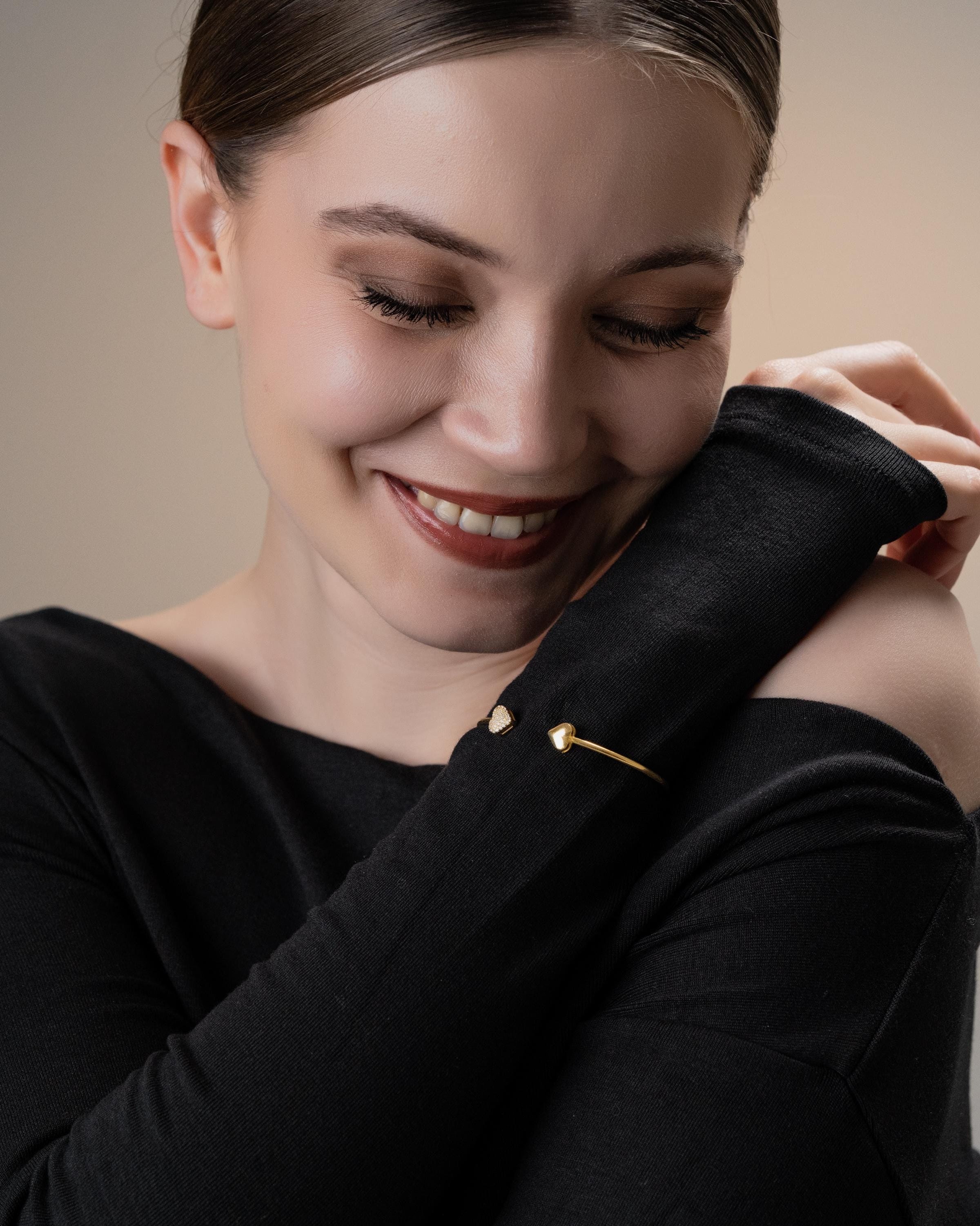 Gold Heart Open Cuff Bracelet - Sterling Silver